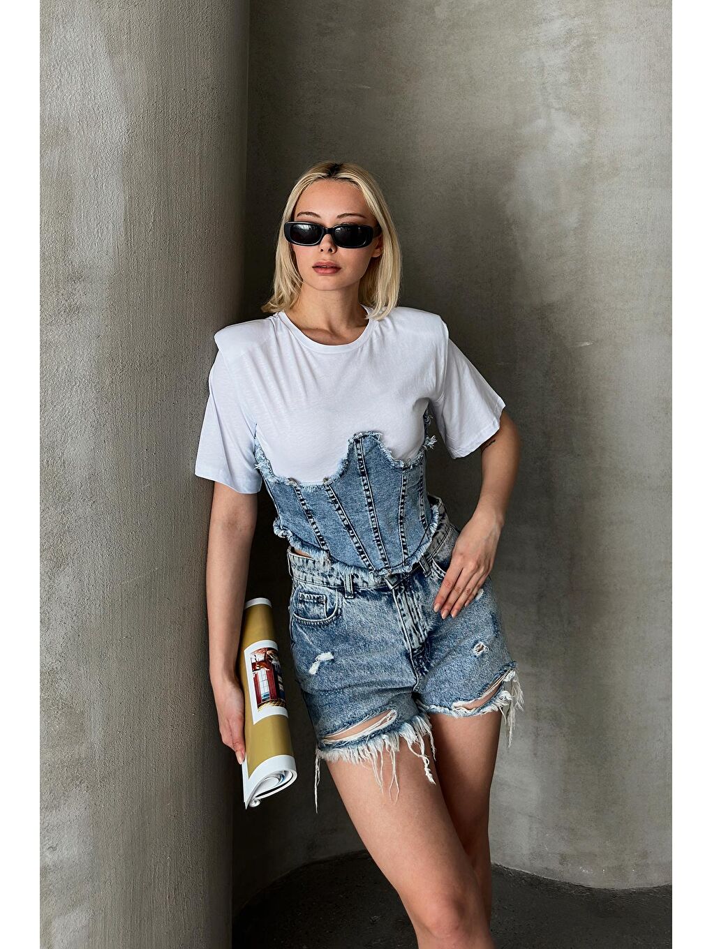 Beyaz Denim Korsajlı Omuz Vatkalı Tasarım T-shirt-2