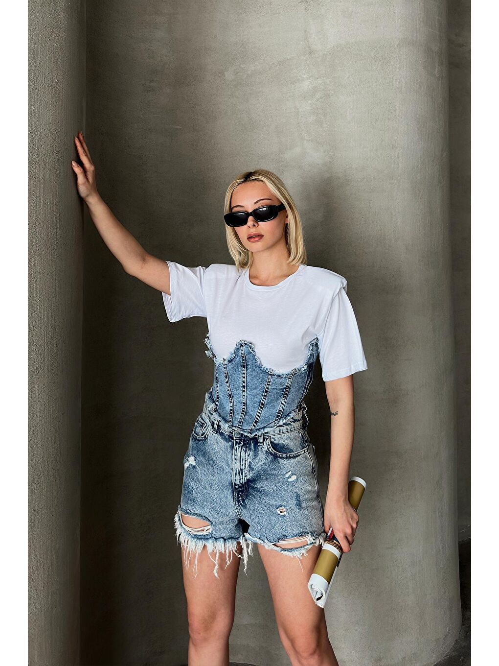 Beyaz Denim Korsajlı Omuz Vatkalı Tasarım T-shirt-3