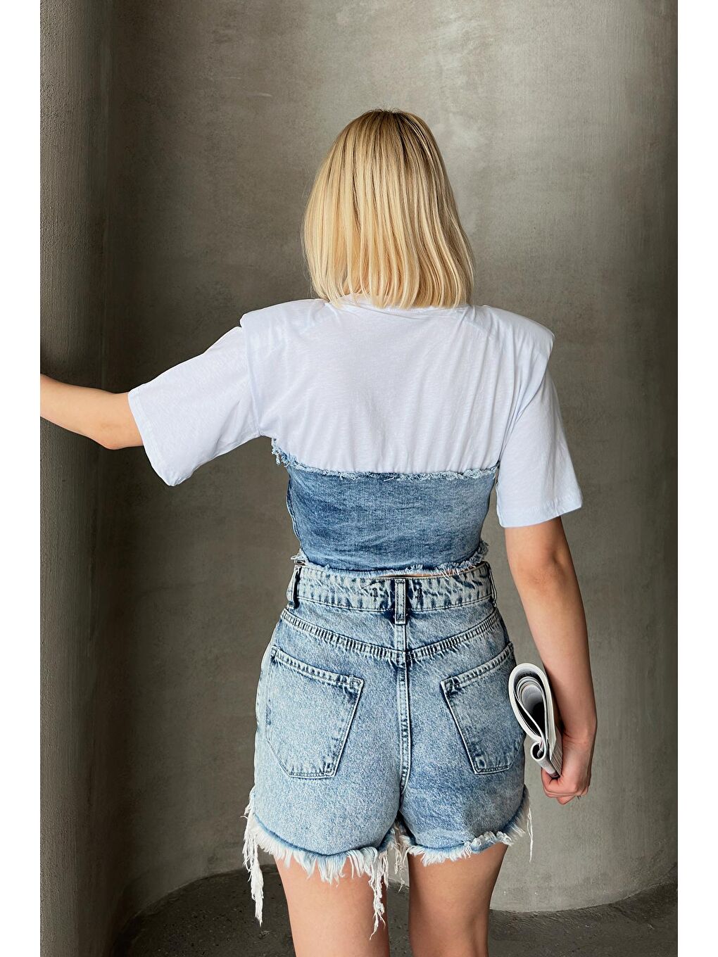 Beyaz Denim Korsajlı Omuz Vatkalı Tasarım T-shirt-4