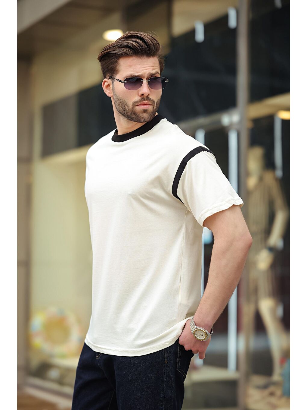 Ekru Bisiklet Yaka Regular Fit Erkek %100 Pamuk Tişört E7126-3