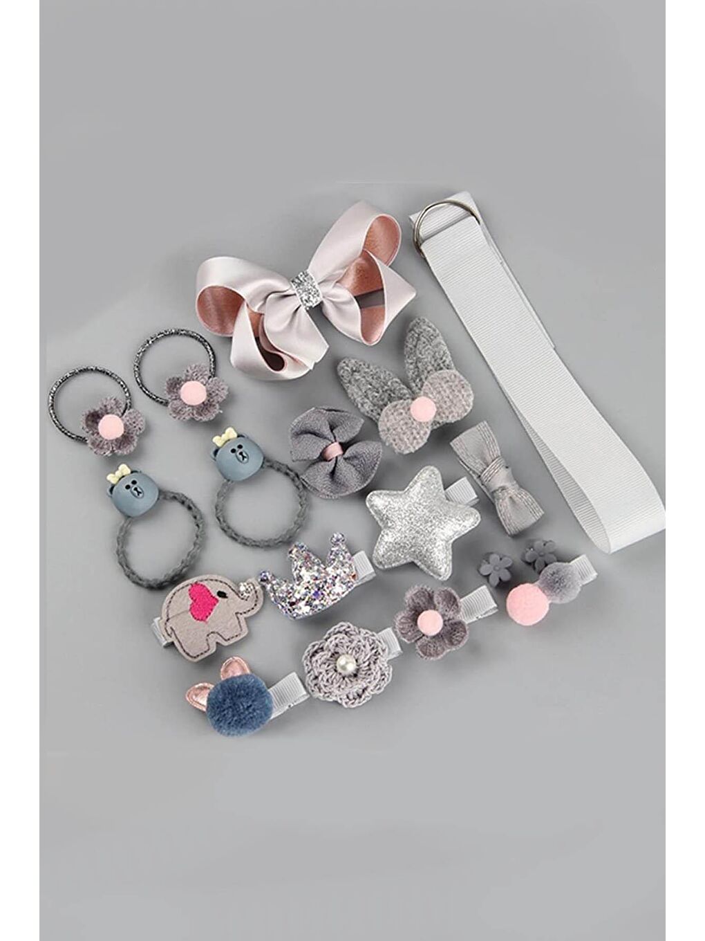 Gri Hediyelik Çantalı Kutusunda Kız Çocuk Toka Seti- 18 Adet