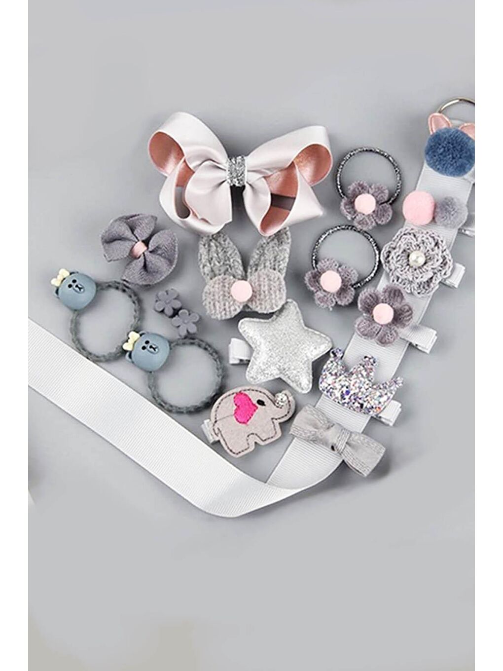 Gri Hediyelik Çantalı Kutusunda Kız Çocuk Toka Seti- 18 Adet-1