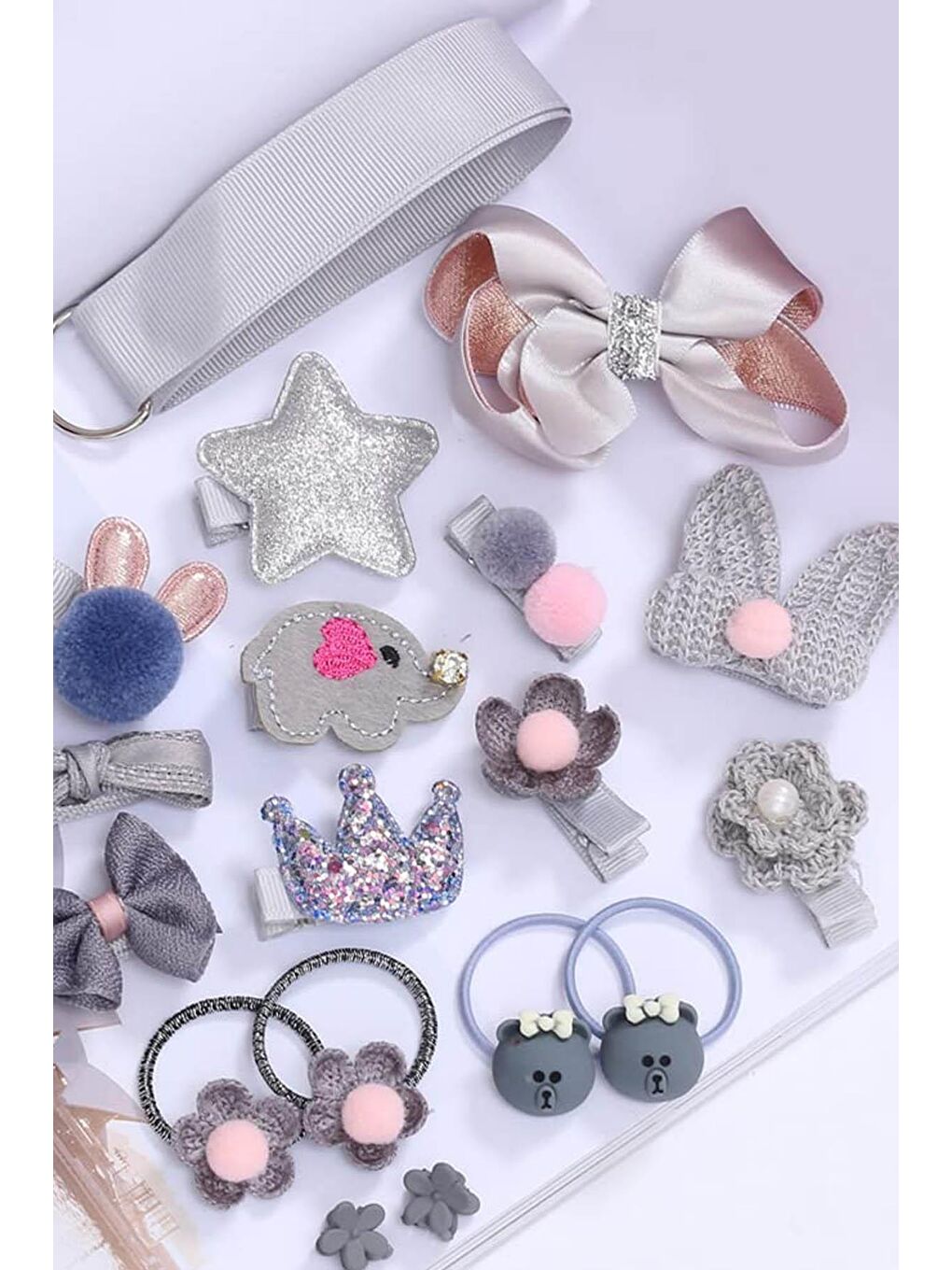 Gri Hediyelik Çantalı Kutusunda Kız Çocuk Toka Seti- 18 Adet-3