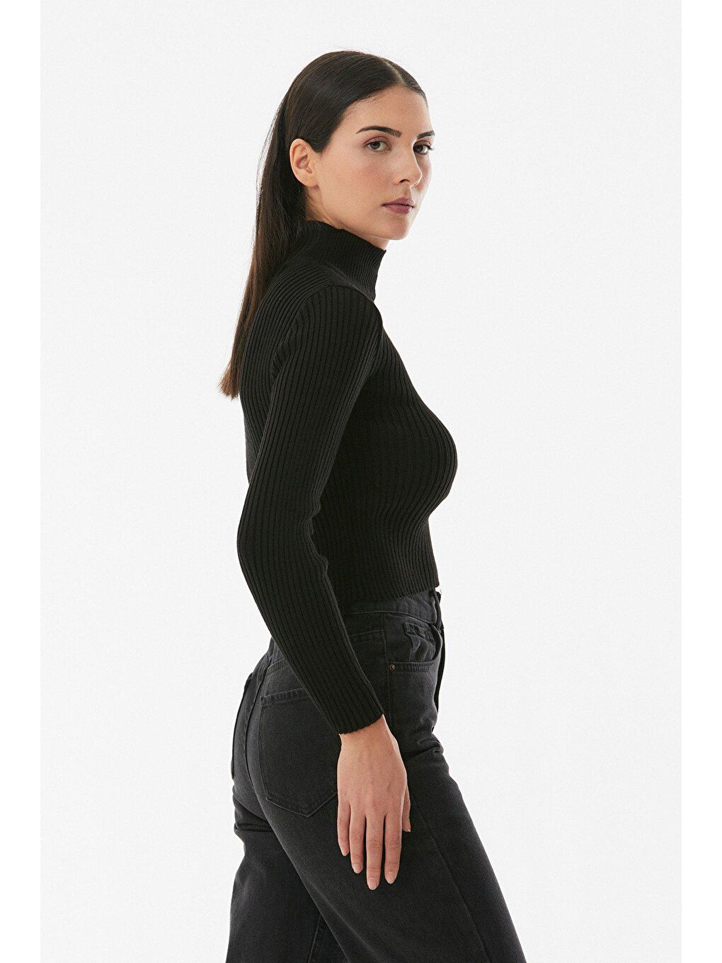 Siyah Fitilli Dik Yaka Triko Kazak-4