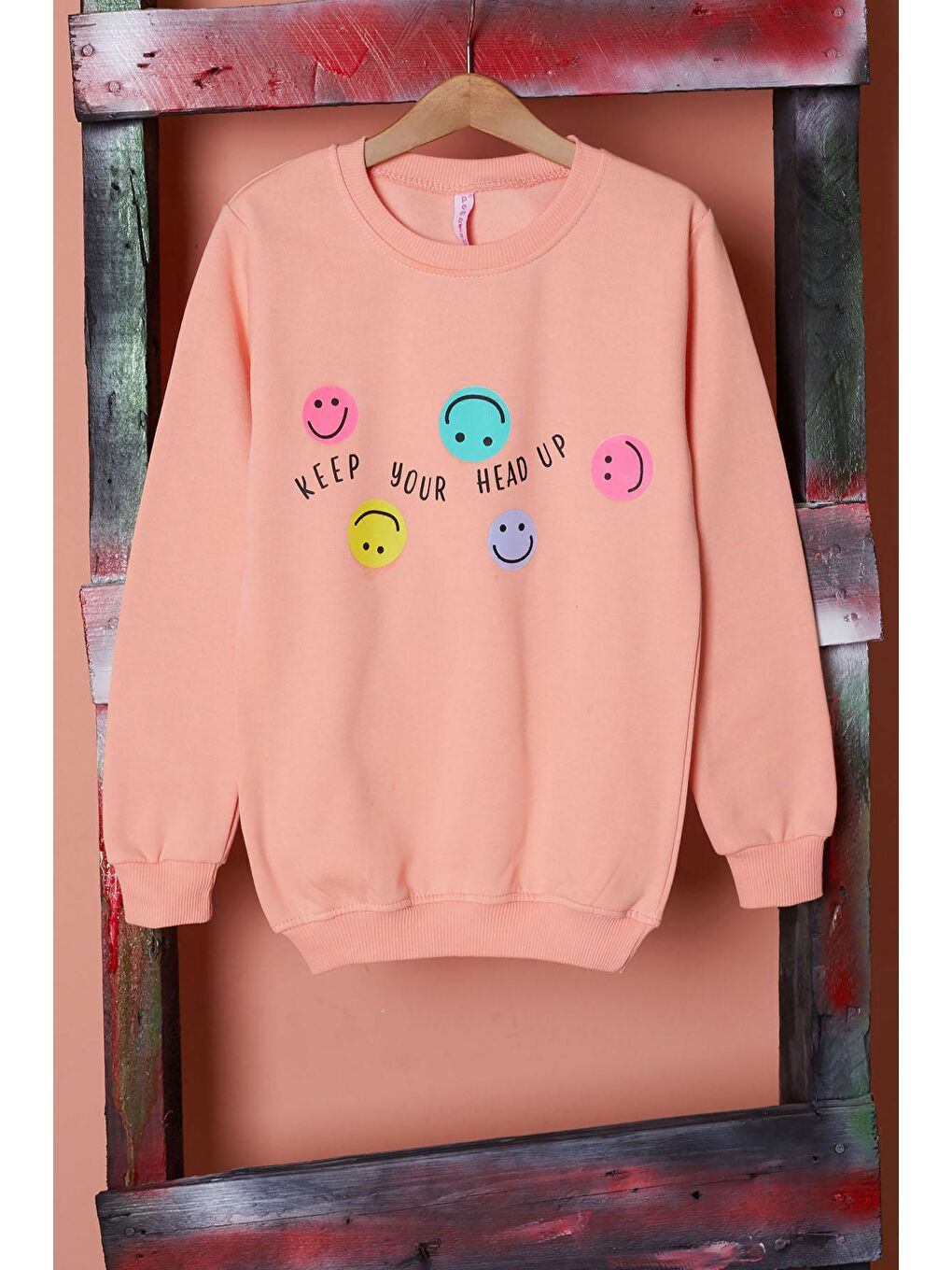 Pembe Somon Gülen Yüz Baskılı Kız Çocuk Bisiklet Yaka Sweatshirt 17285-1