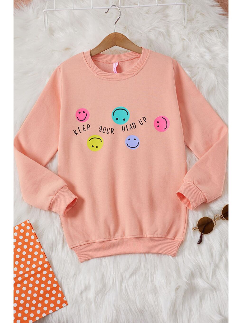 Pembe Somon Gülen Yüz Baskılı Kız Çocuk Bisiklet Yaka Sweatshirt 17285-2