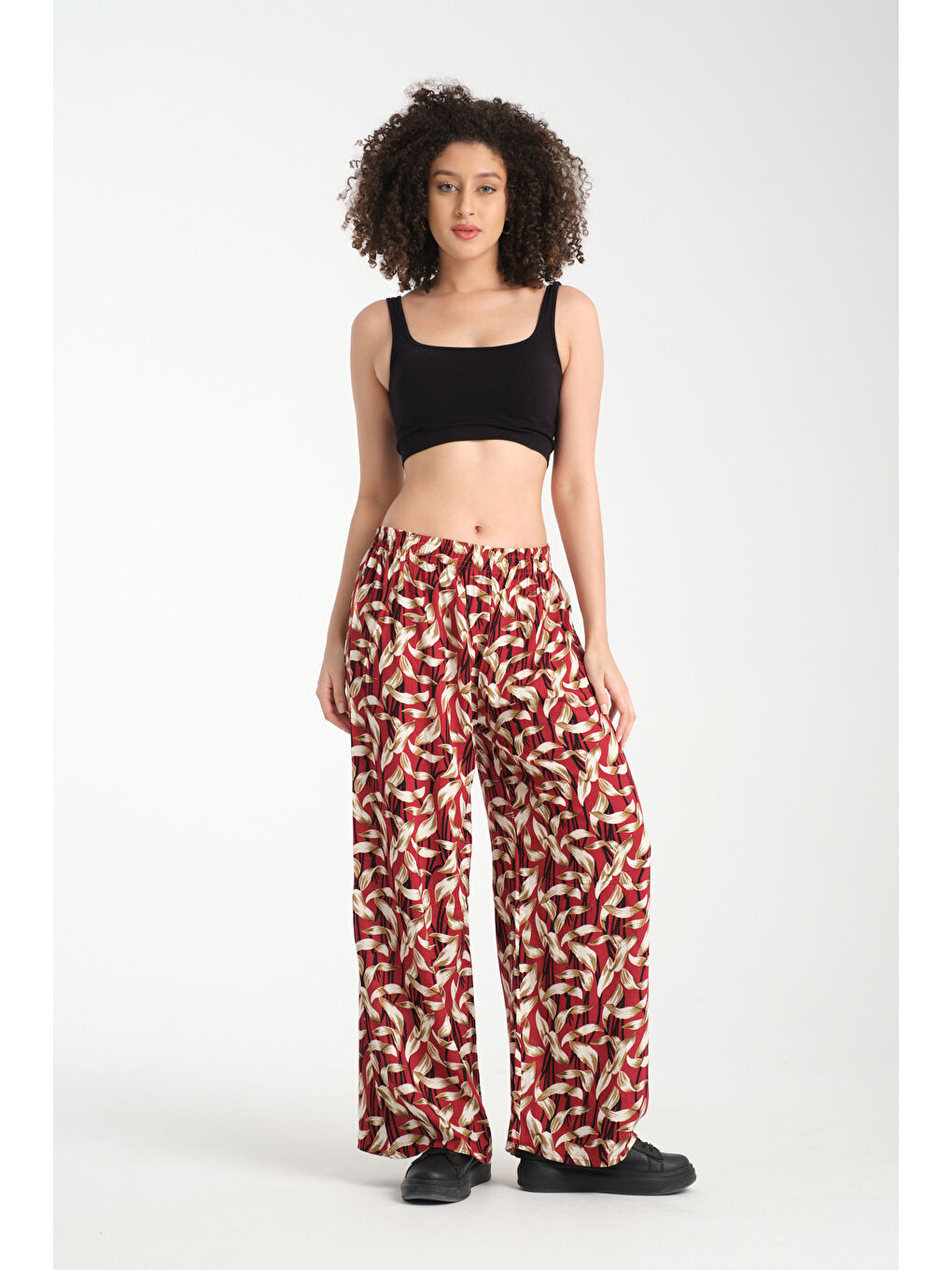 Kırmızı Kadın Desenli Dökümlü Viskon Pantolon 1069-4