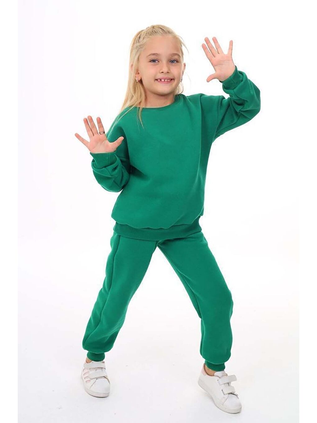 Kız Çocuk Sweatshirt ve Pantolon Takımı – Koyu Yeşil Basic 5-14 Yaş 11097