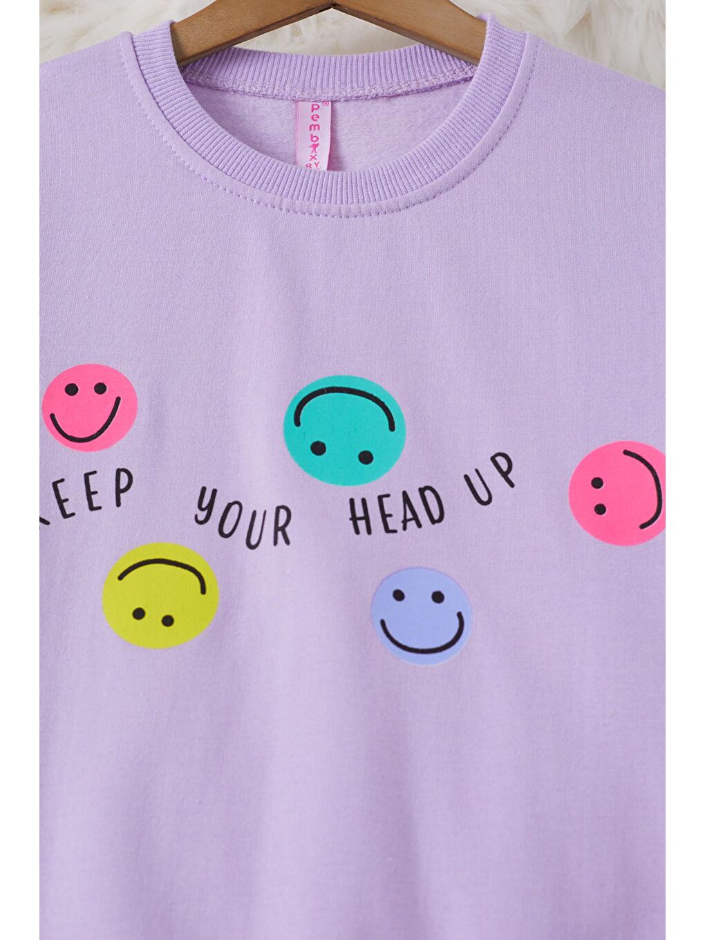 Lila Gülen Yüz Baskılı Kız Çocuk Bisiklet Yaka Sweatshirt 17284-3