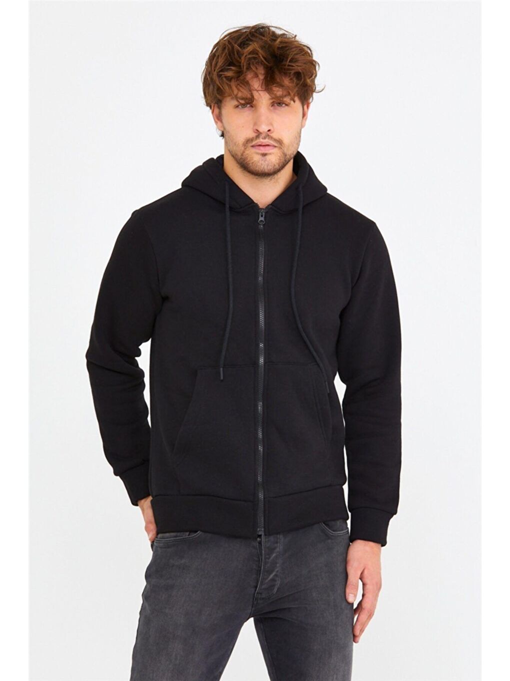Siyah Kapüşonlu Erkek Fermuarlı Sweatshirt Hırka