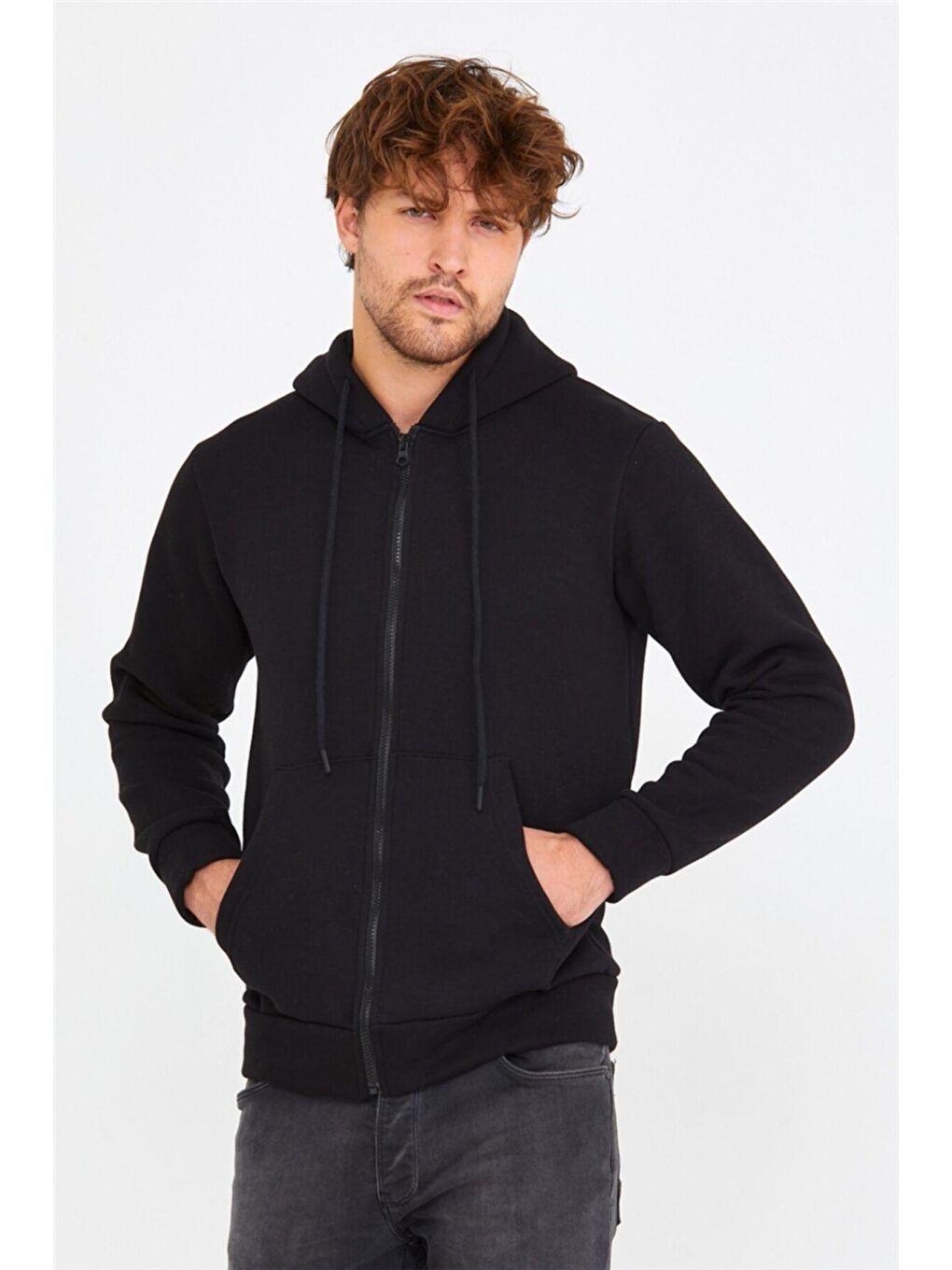 Siyah Kapüşonlu Erkek Fermuarlı Sweatshirt Hırka-1