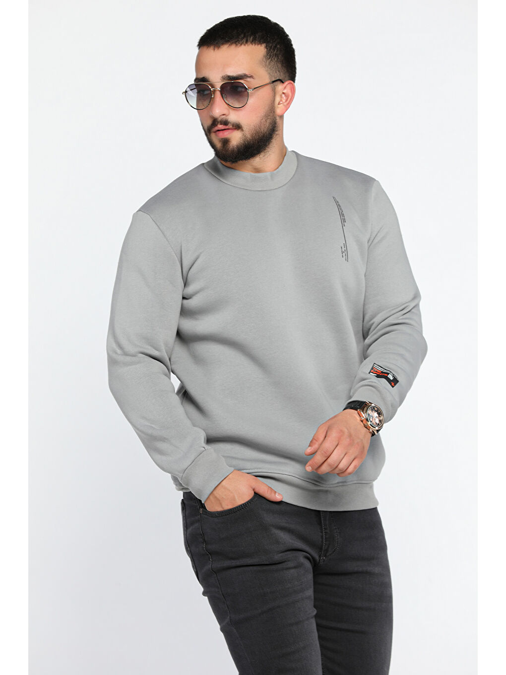 Mishar İtalia Gri Üç İplik Şardonlu Bisiklet Yaka Erkek Sweatshirt - 1