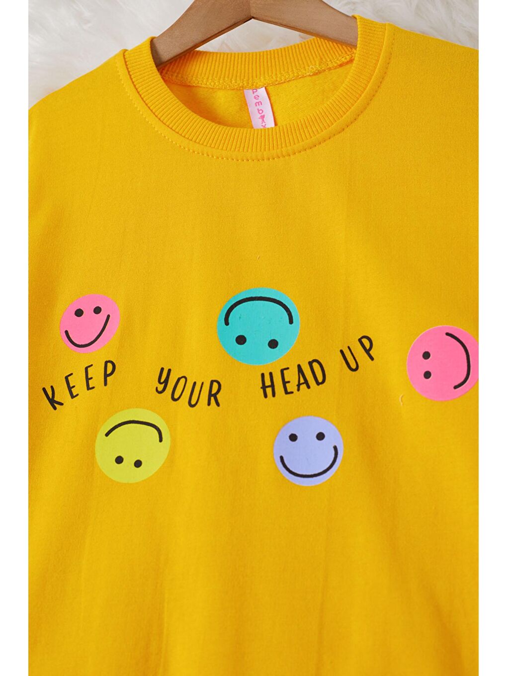 Sarı Gülen Yüz Baskılı Kız Çocuk Bisiklet Yaka Sweatshirt 17283-3