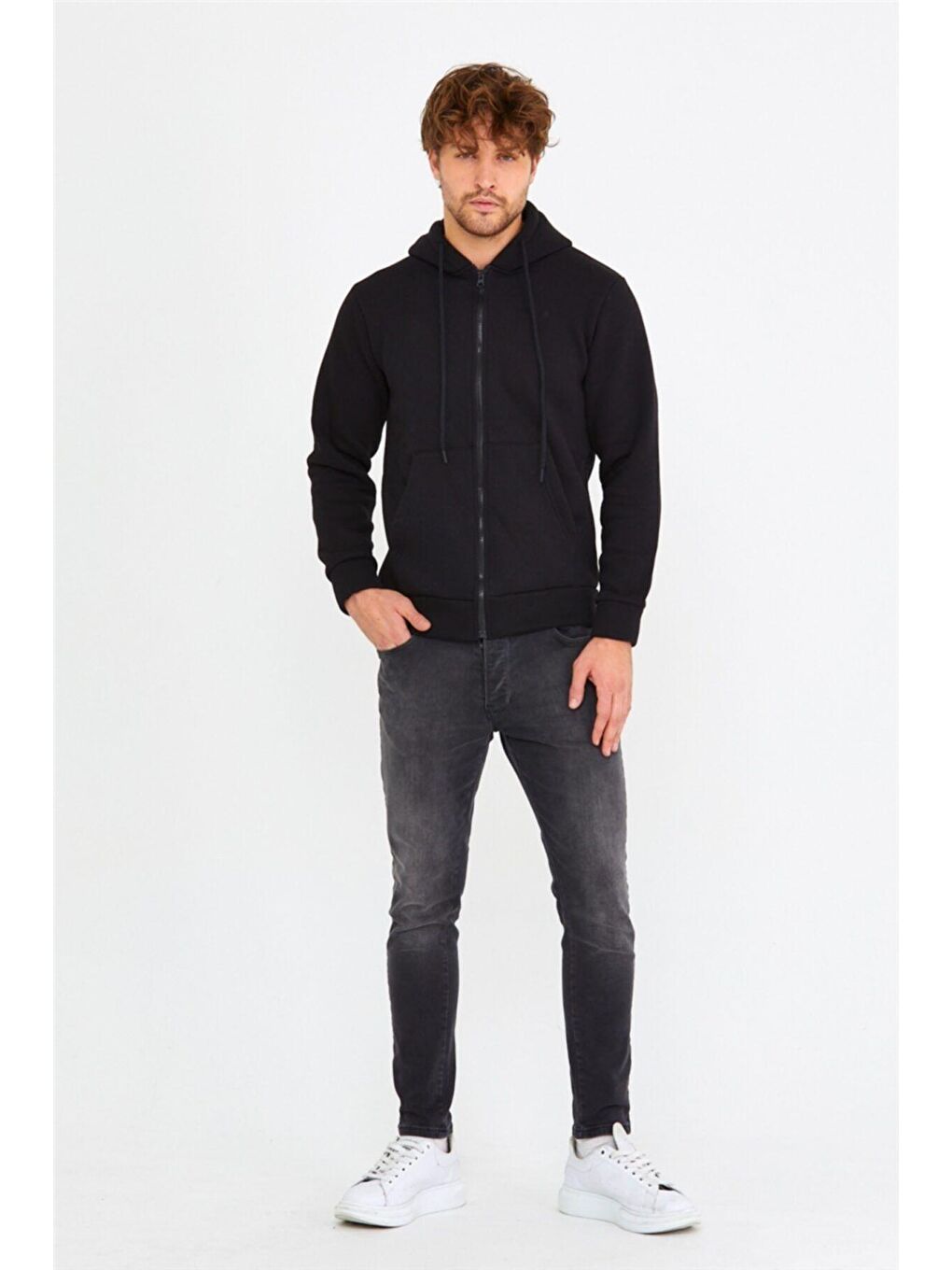 Siyah Kapüşonlu Erkek Fermuarlı Sweatshirt Hırka-3