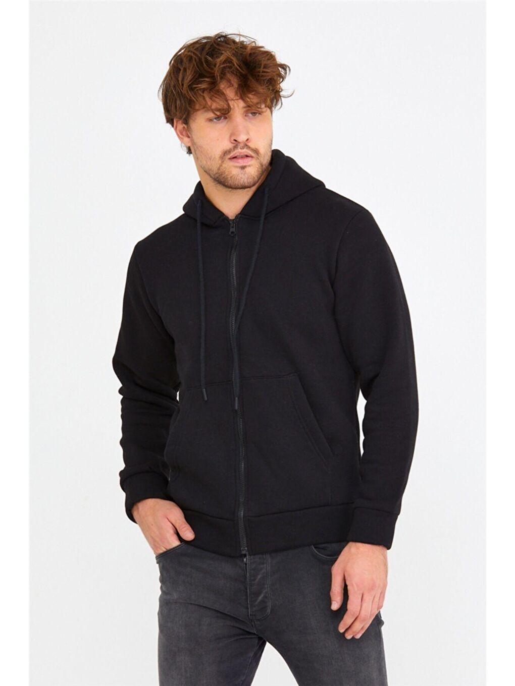 Siyah Kapüşonlu Erkek Fermuarlı Sweatshirt Hırka-4