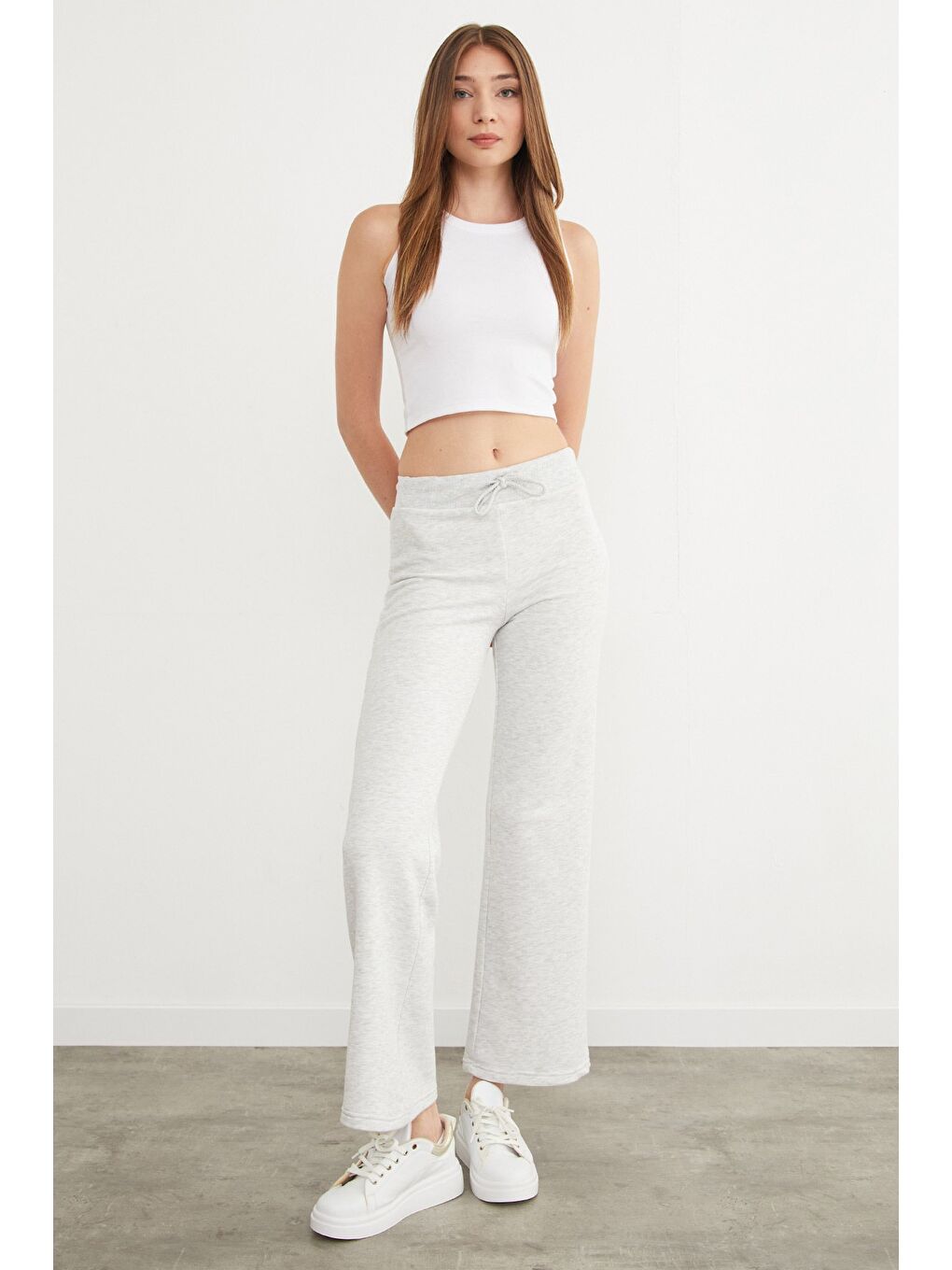 Gri 3 İplik Beli Bağlamalı Palazzo Eşofman Altı-3