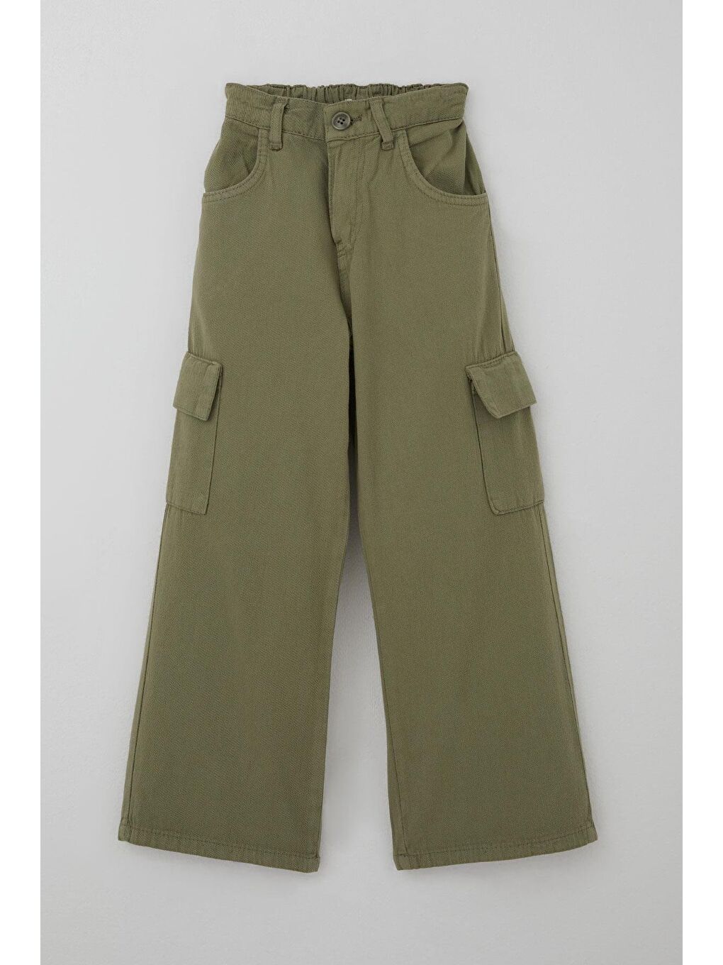 Kız Çocuk Gabardin Pantolon Kargo Cep Detaylı Haki Yeşil (5-12 Yaş)