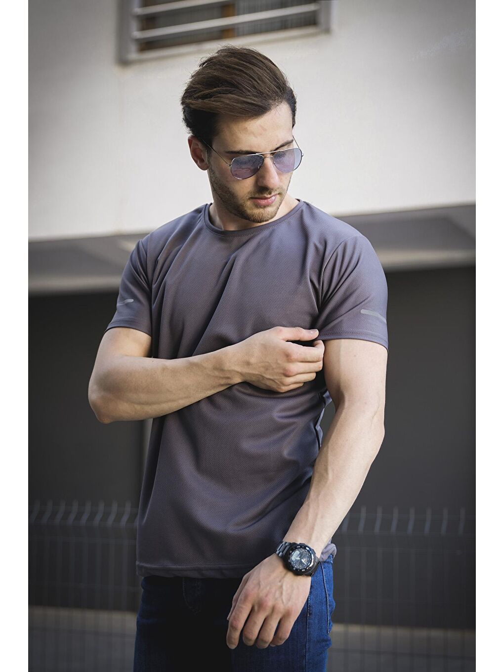 Oksit Gri Cappi Mikro Polyester Slim Fit Performans Antrenman Sporcu Erkek Tshirt