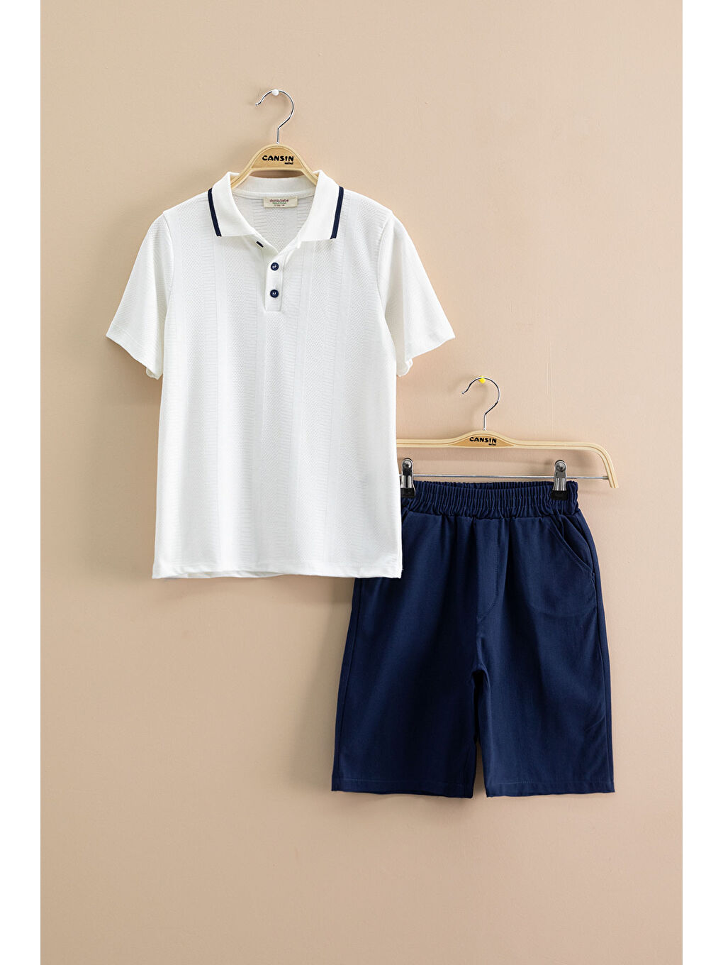 Lacivert Çizgi Desenli Polo Yaka Düğmeli Erkek Çocuk Şortlu 2li Takım 21117