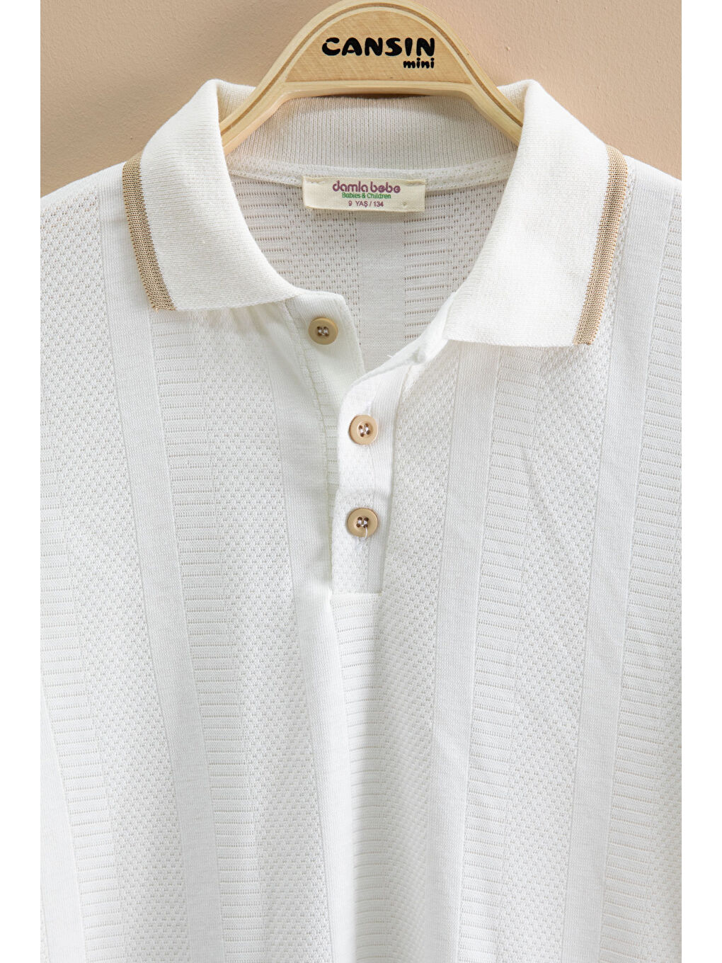 Bej Çizgi Desenli Polo Yaka Düğmeli Erkek Çocuk Şortlu 2li Takım 21114-1