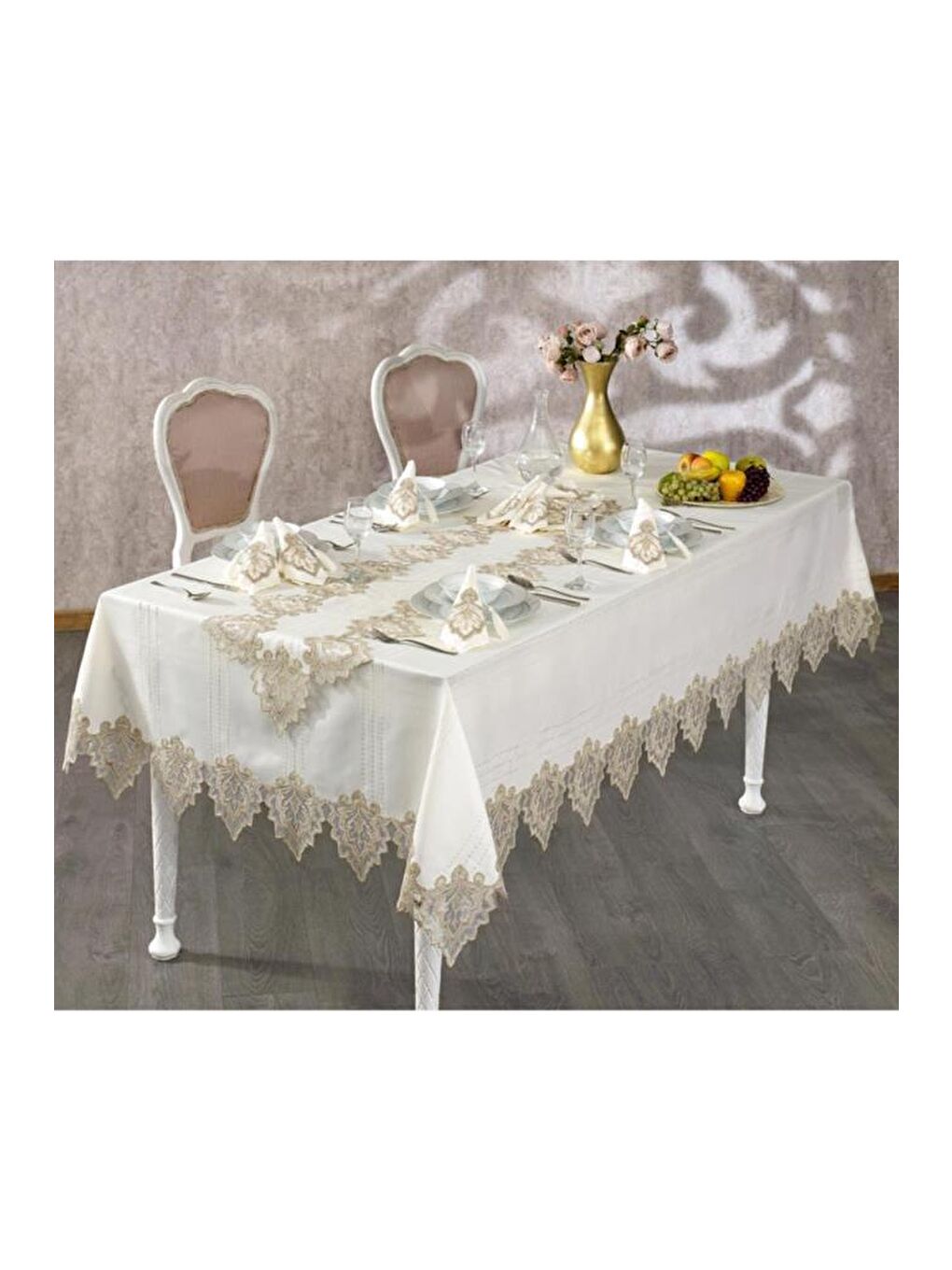 Karışık Fransız Güpürlü Saltanat Masa Örtüsü Takımı Ekru Bakır 26 Parça