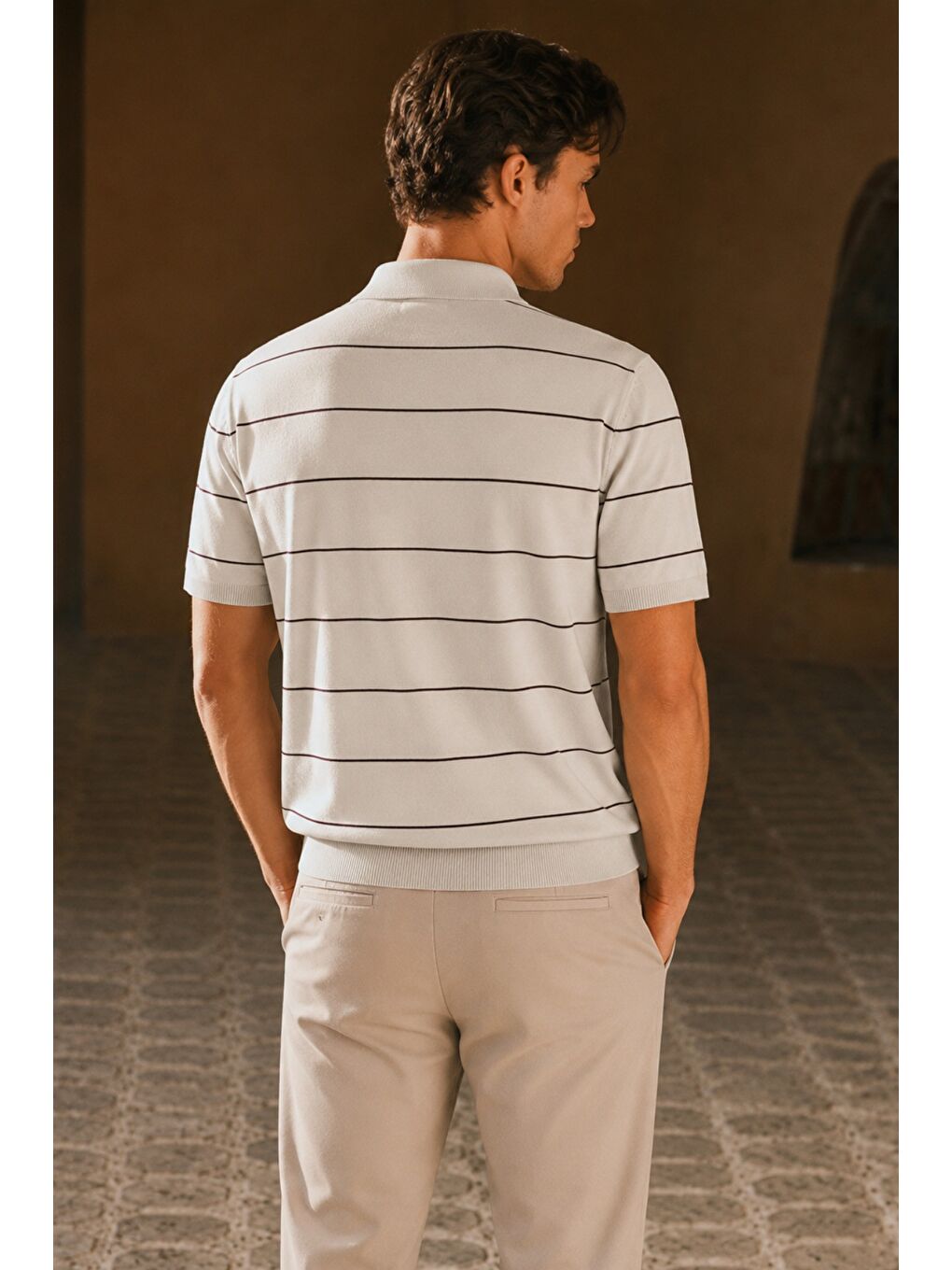 Bej Erkek Old Money Çizgili Polo Yaka Triko Tişört Slim Fit-2