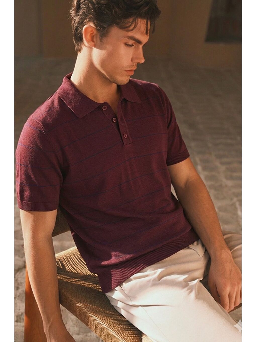 Bordo Erkek Old Money Çizgili Polo Yaka Triko Tişört Slim Fit