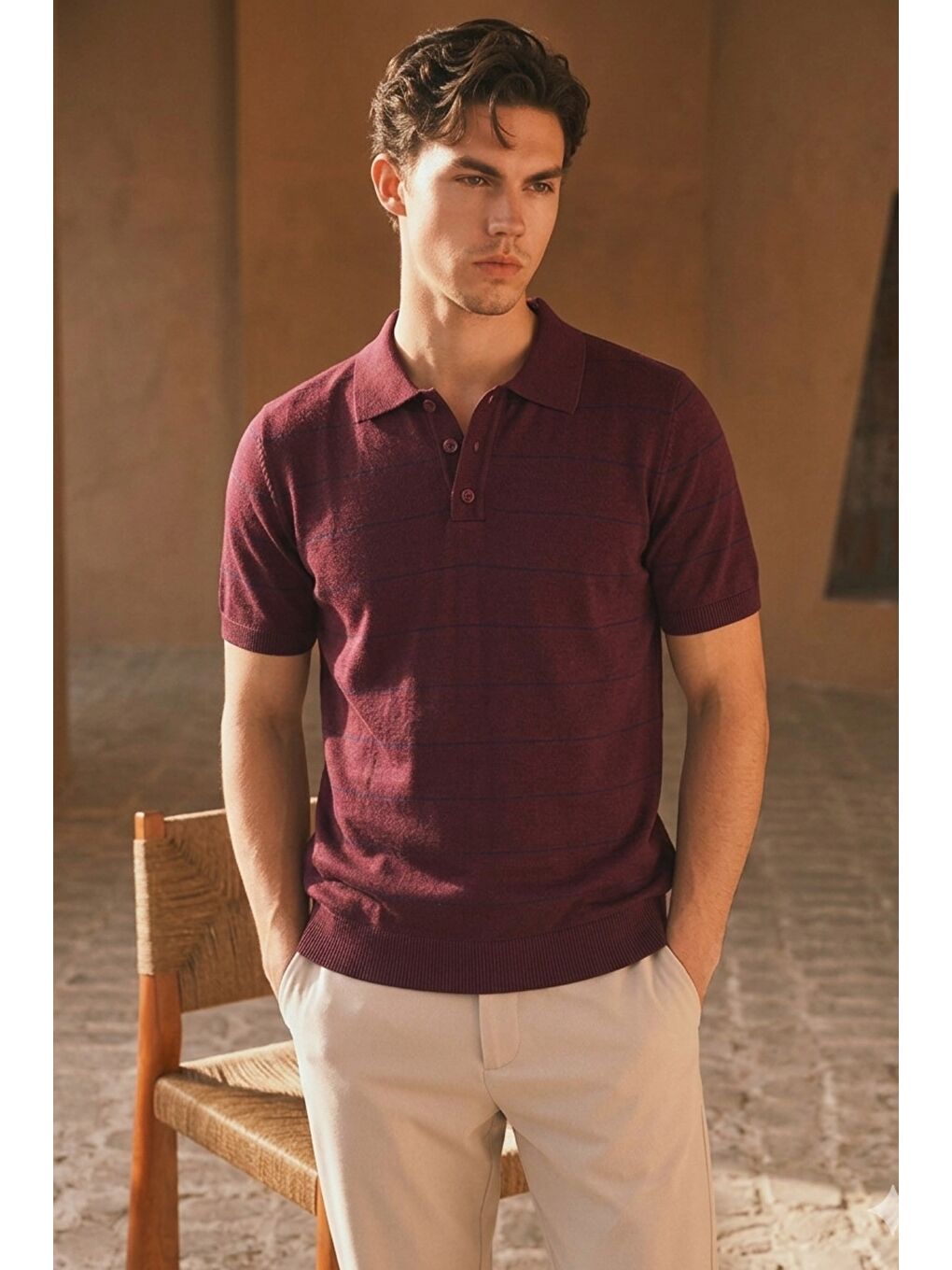 Bordo Erkek Old Money Çizgili Polo Yaka Triko Tişört Slim Fit-1