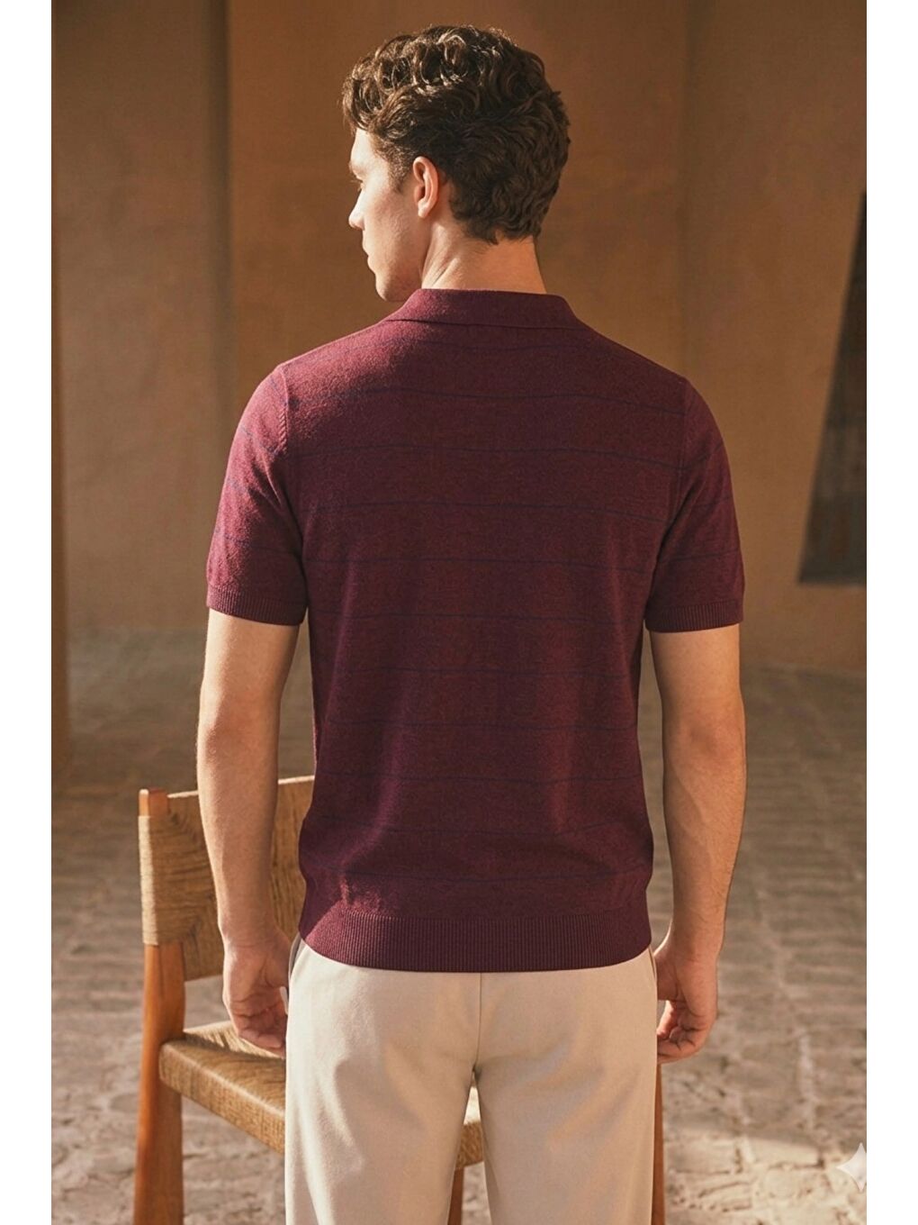 Bordo Erkek Old Money Çizgili Polo Yaka Triko Tişört Slim Fit-2