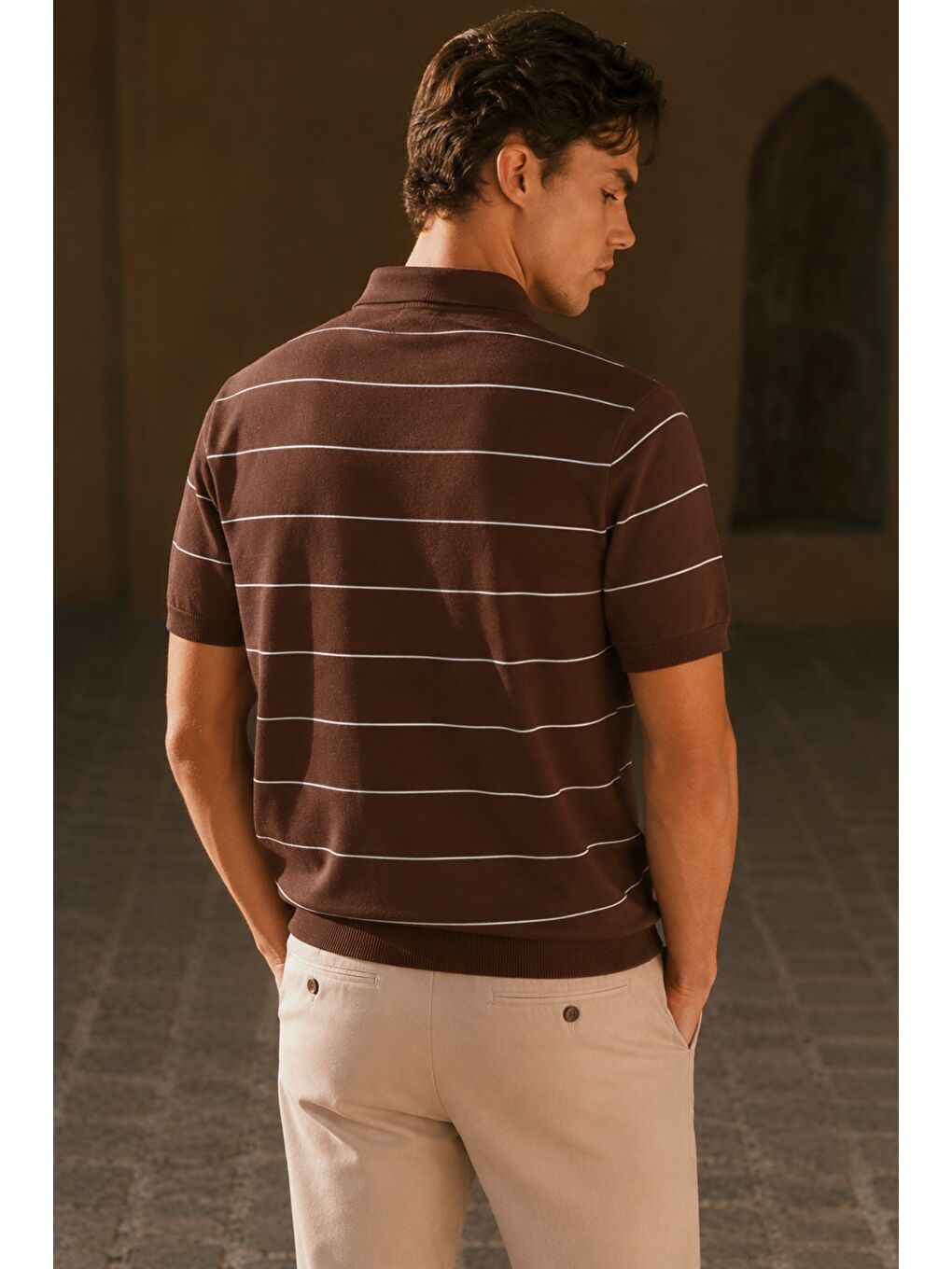 Kahverengi Erkek Old Money Çizgili Polo Yaka Triko Tişört Slim Fit-2