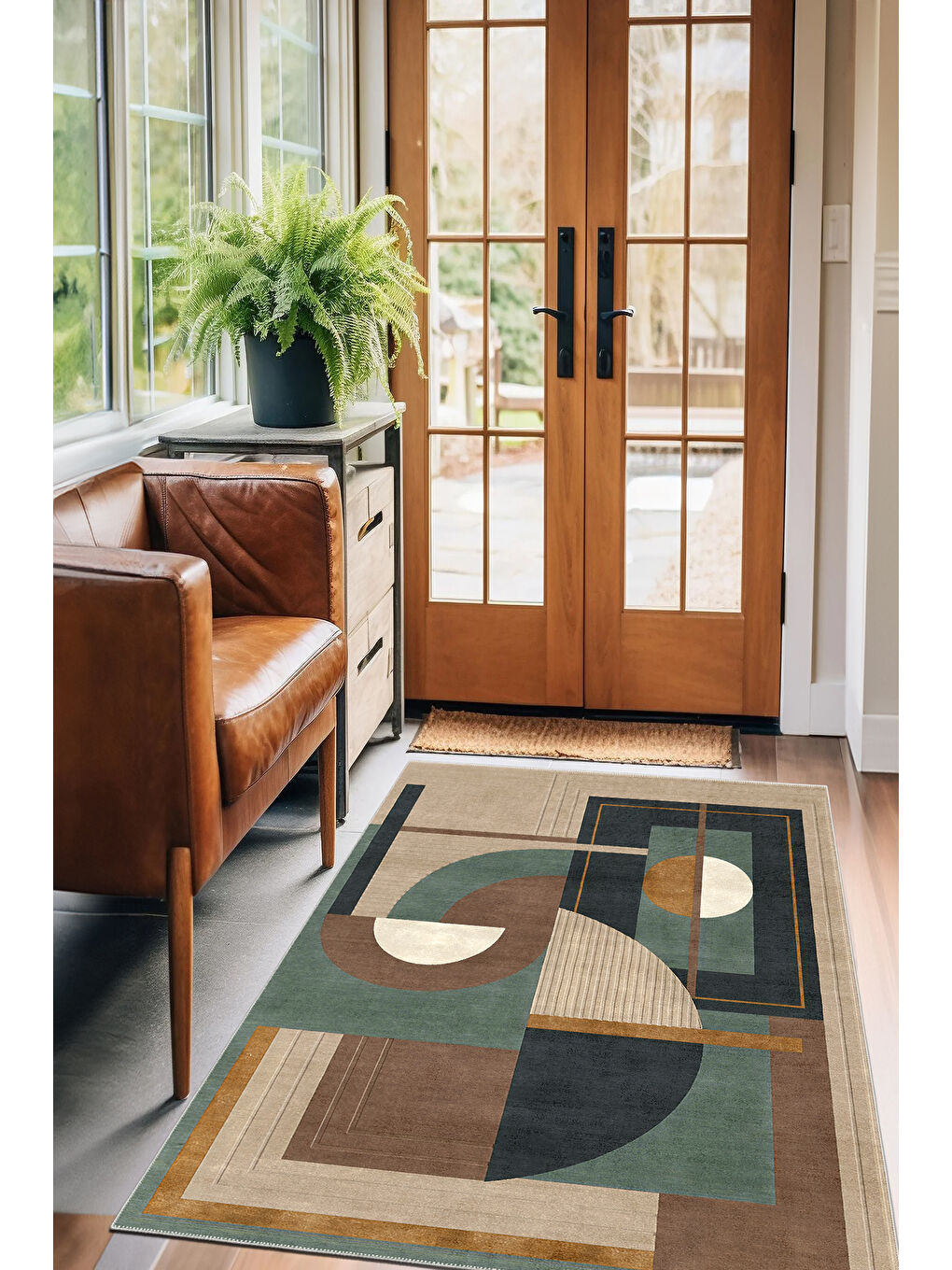 Yeşil Dekoratif Salon Halısı, Makinada Yıkanabilir, Kaymaz Taban, İnce & Modern Tasarım-1