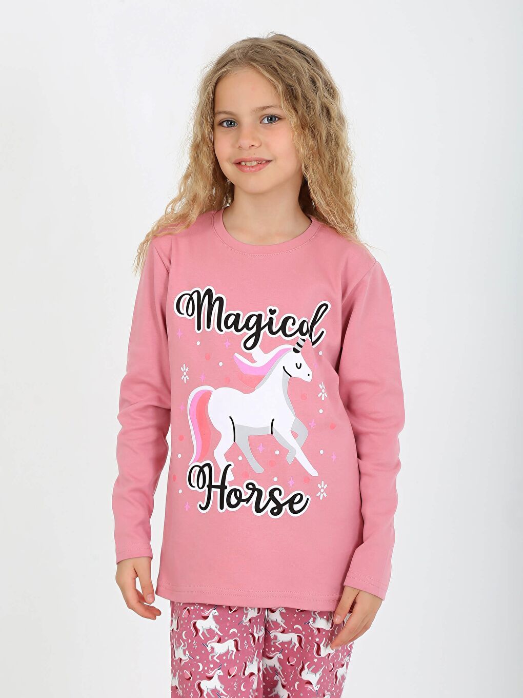 Vitmo Pembe Kız Çocuk Uzun Kollu %100 Pamuklu Pijama Takımı Magical Horse