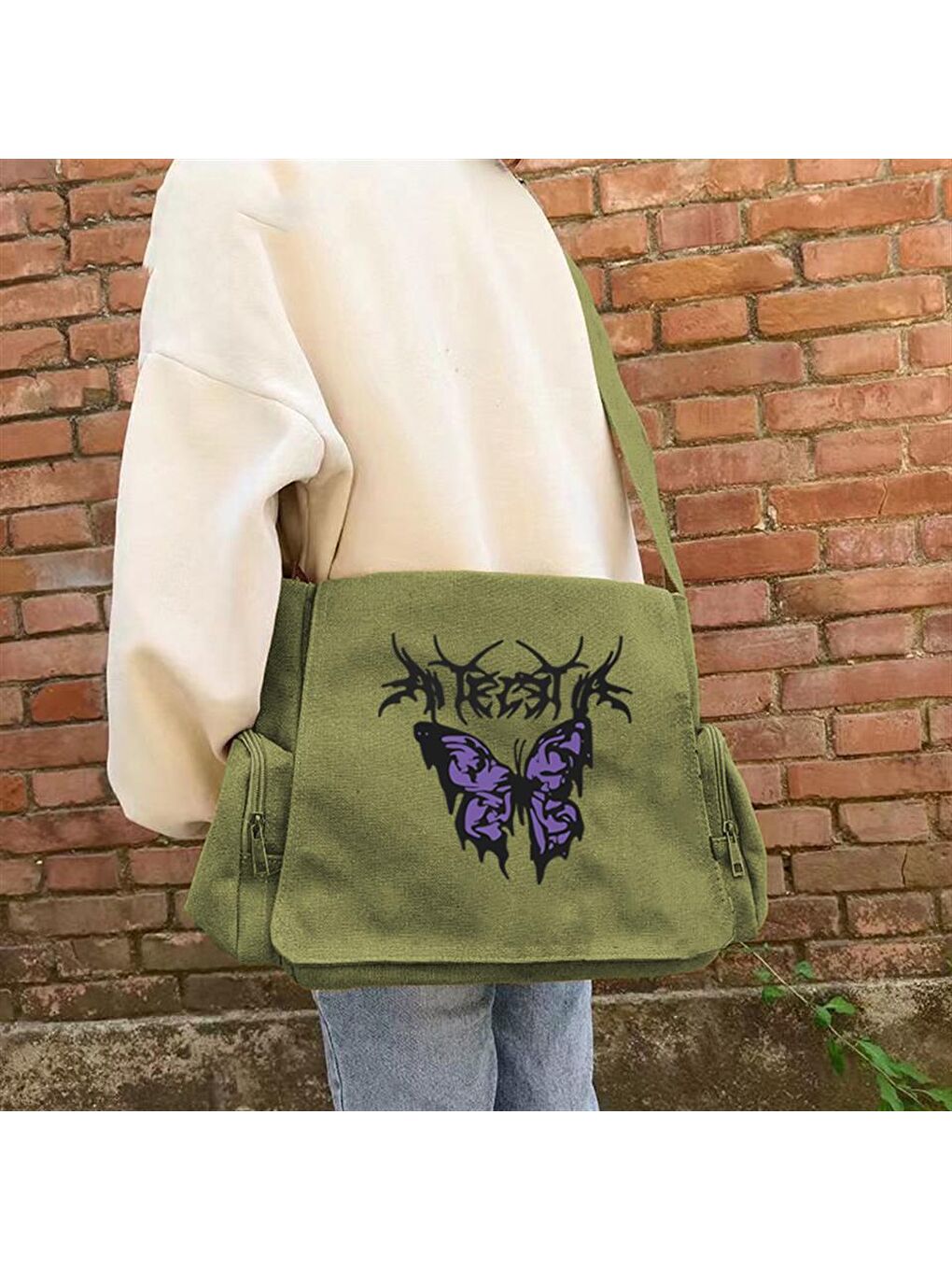 Touz Moda Yeşil Gothic Purple Butterfly Baskılı Unisex Yeşil Postacı Çantası