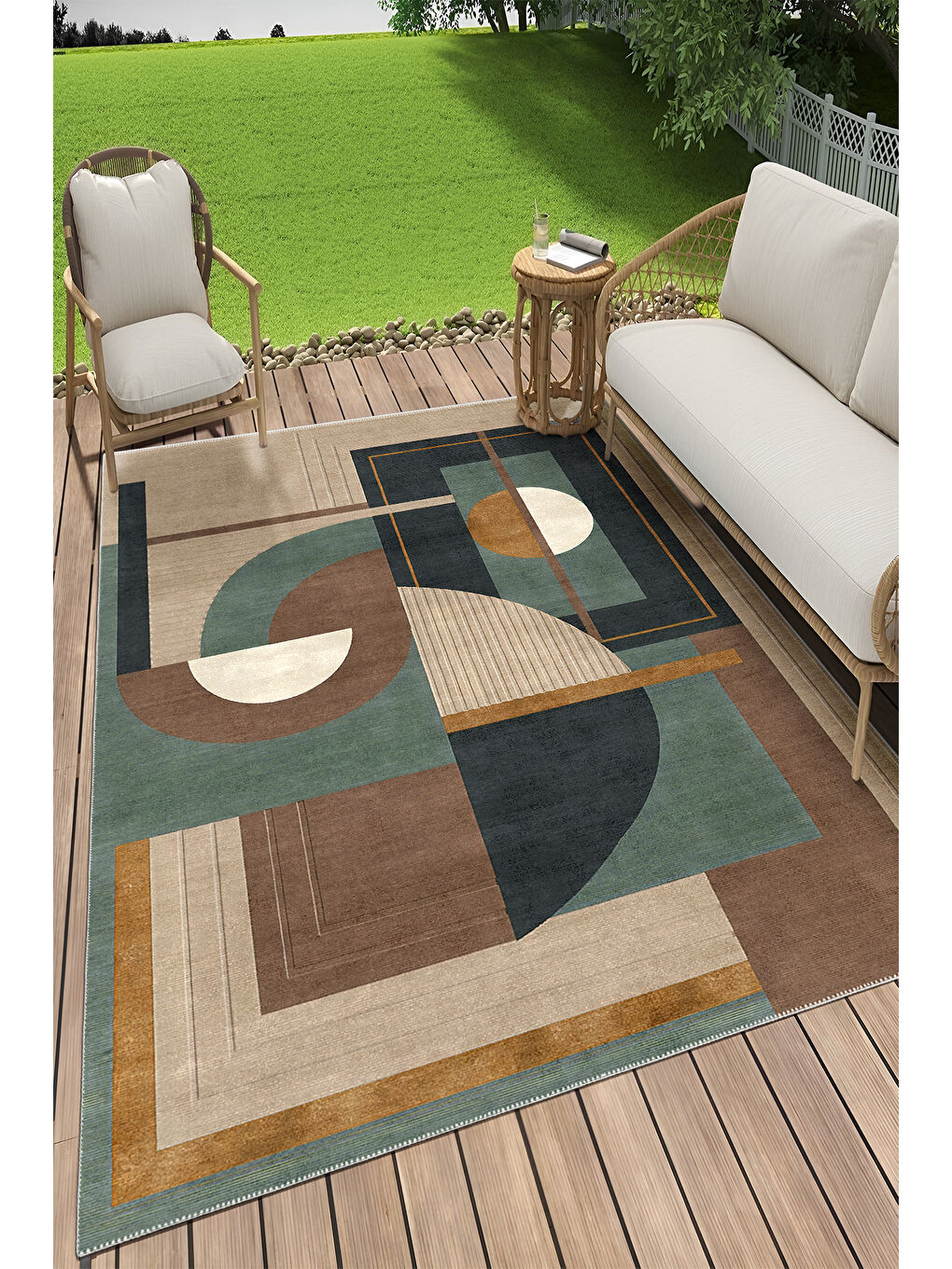 Yeşil Dekoratif Salon Halısı, Makinada Yıkanabilir, Kaymaz Taban, İnce & Modern Tasarım-2