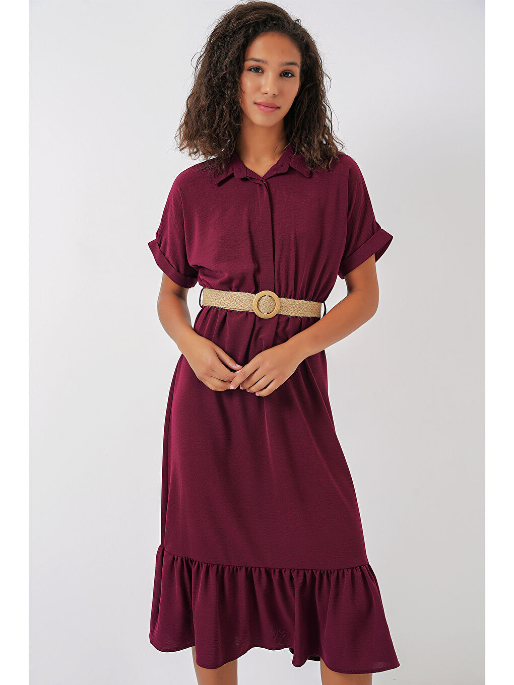 2292 Kemerli Elbise - Mürdüm