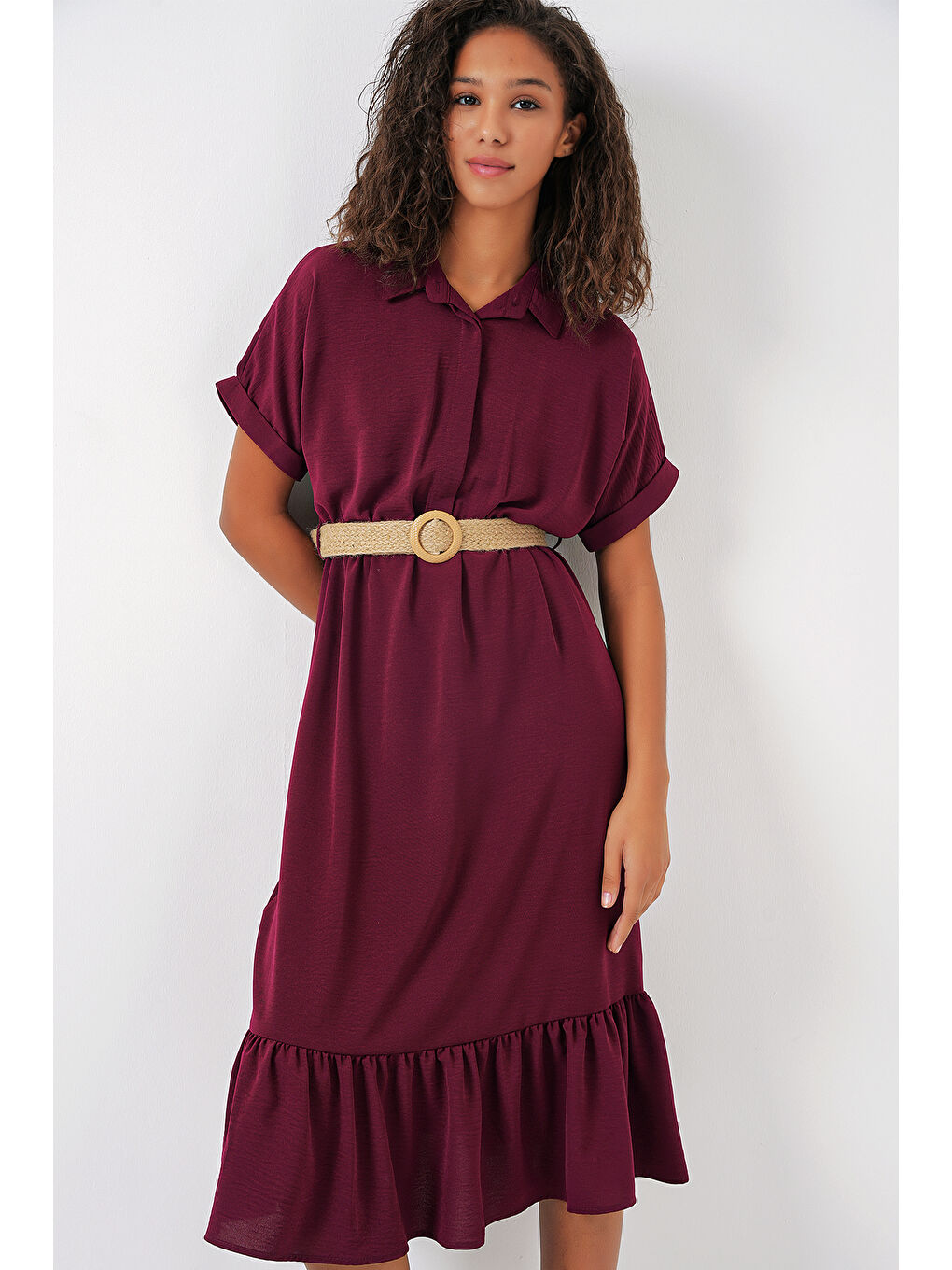 2292 Kemerli Elbise - Mürdüm-1