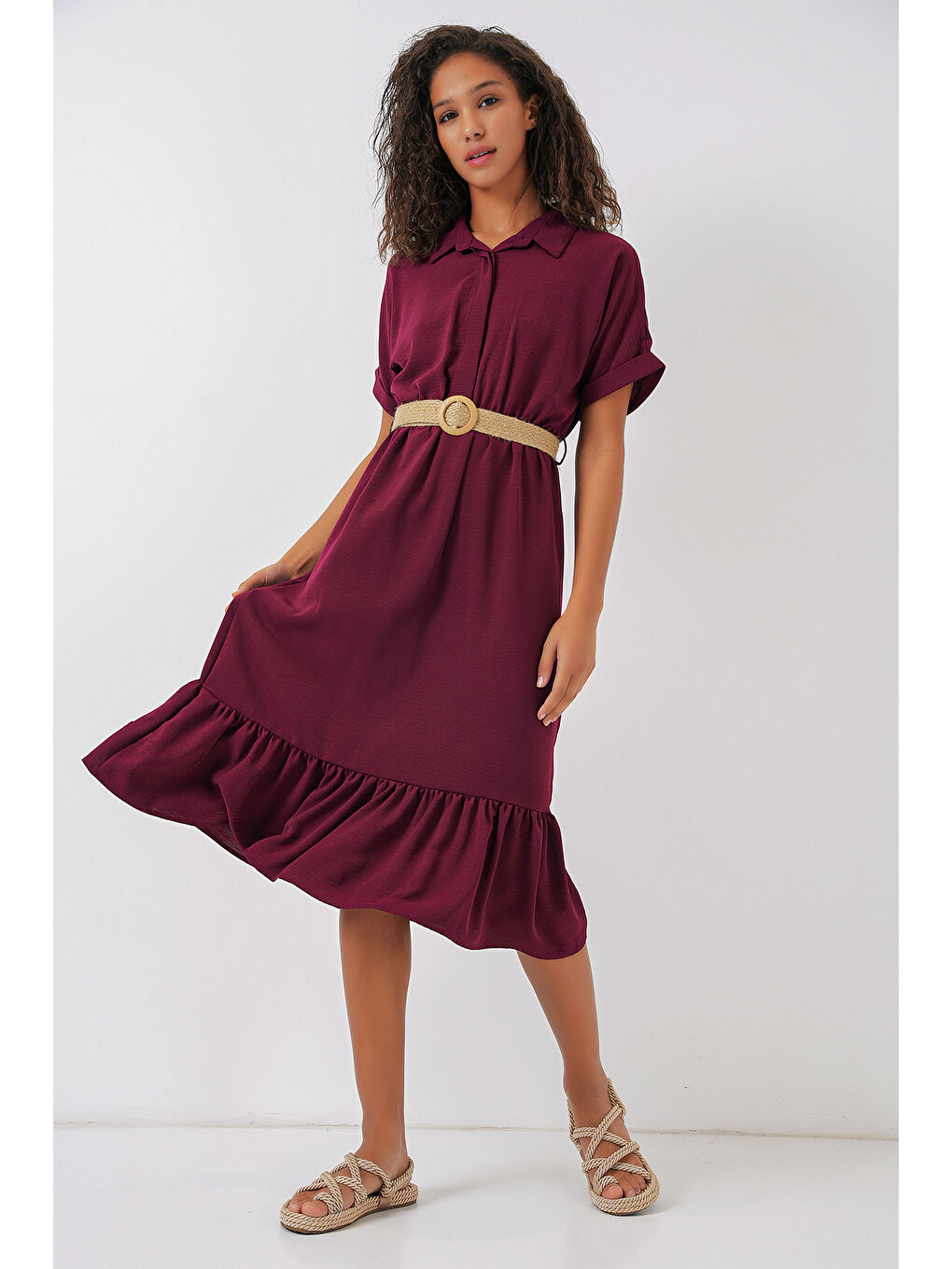 2292 Kemerli Elbise - Mürdüm-2