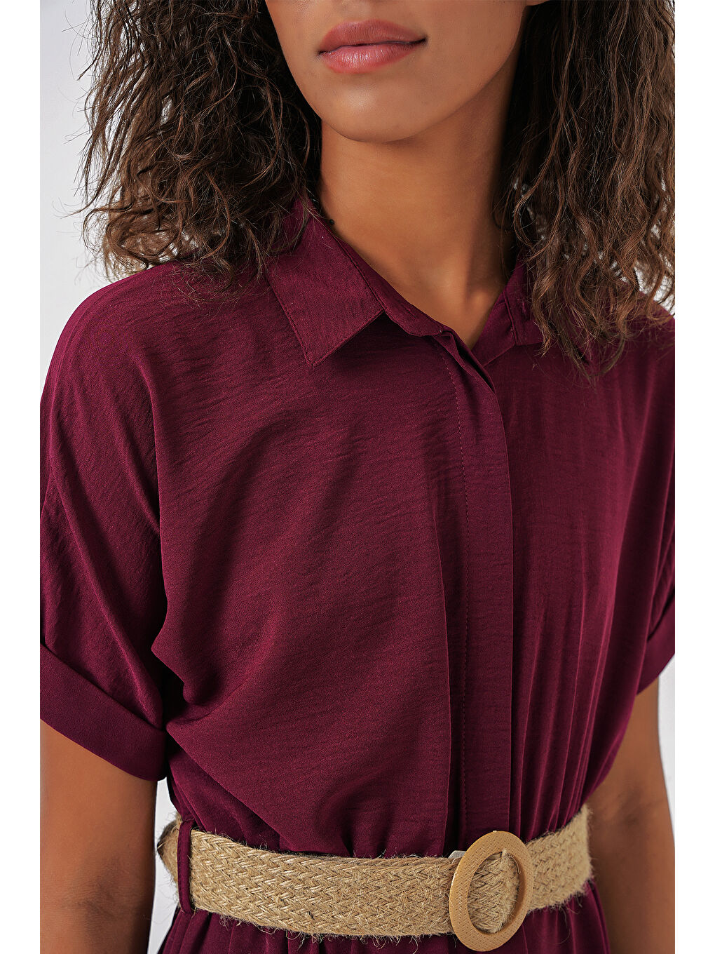 2292 Kemerli Elbise - Mürdüm-4