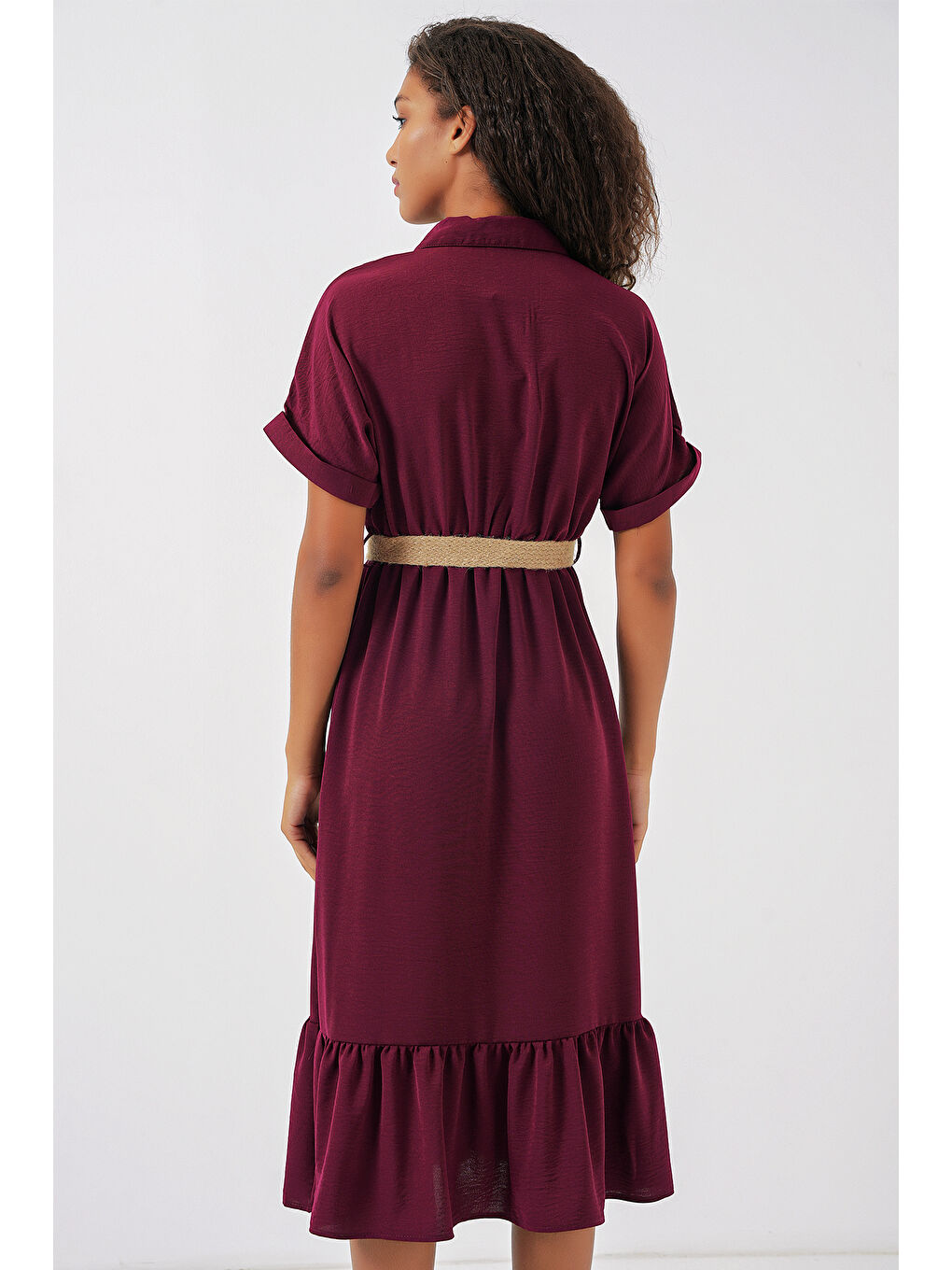 2292 Kemerli Elbise - Mürdüm-5