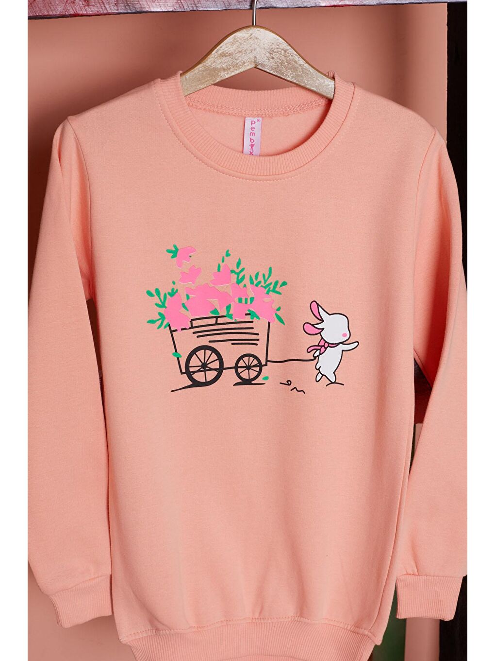 Pembe Somon Çiçekli Tavşan Baskılı Kız Çocuk Sweatshirt 17278-2