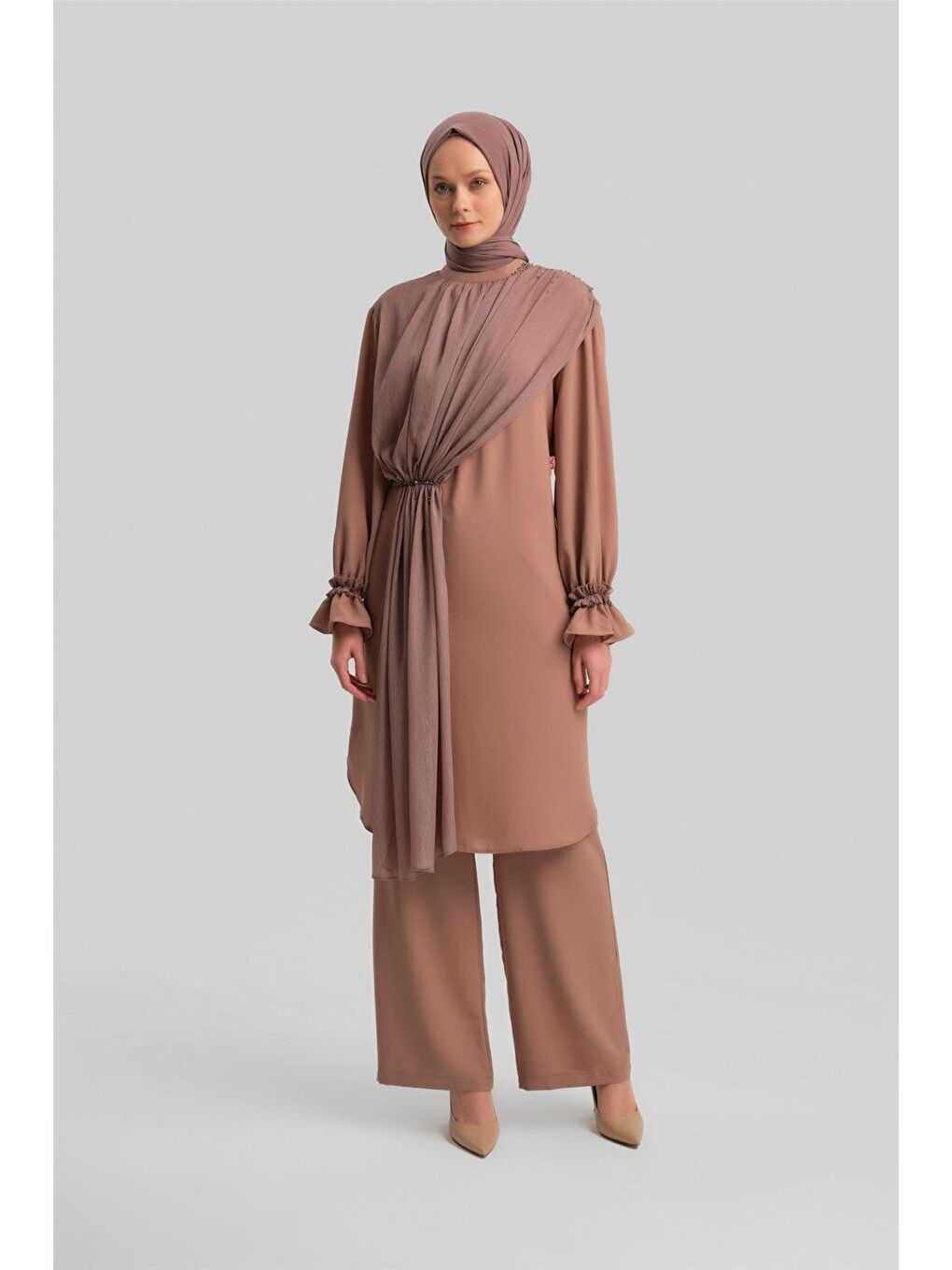 Bej Şifon Ve İşlemeli Takım 24Y6841 Vizon-1
