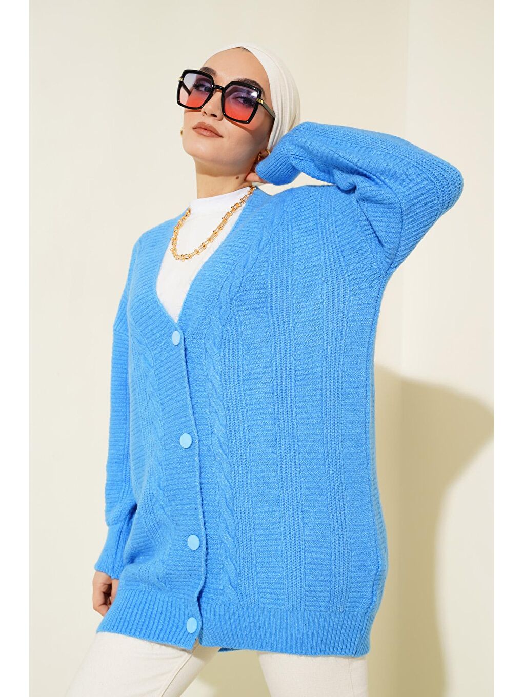 15768 Tesettür Triko Hırka - Koyu Mavi-3