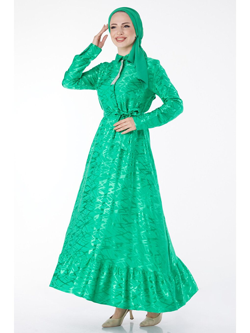 Düz Gömlek Yaka Kadın Yeşil Taş Detaylı Abiye Elbise - 25191