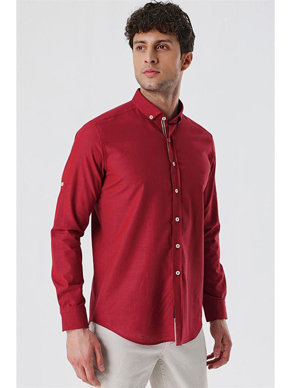 İMZA Kirmizi Koyu Kırmızı Kısalabilir Kollu Cepsiz Biyeli %100 Pamuk Casual Slim Fit Dar Kesim Gömlek 1004230179 - 2