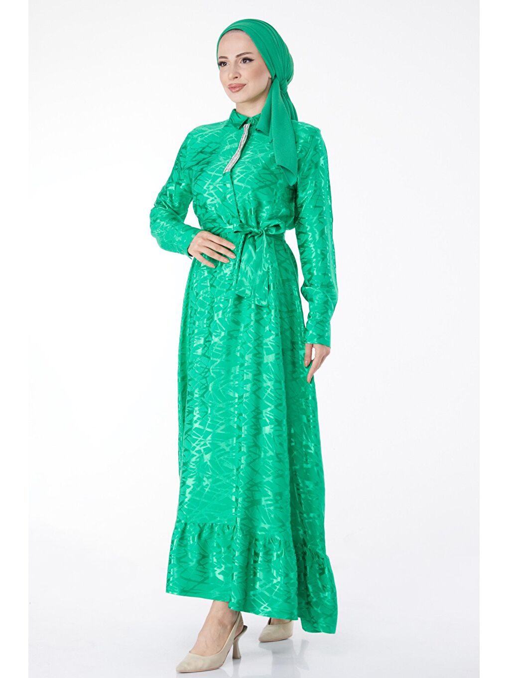 Düz Gömlek Yaka Kadın Yeşil Taş Detaylı Abiye Elbise - 25191-1