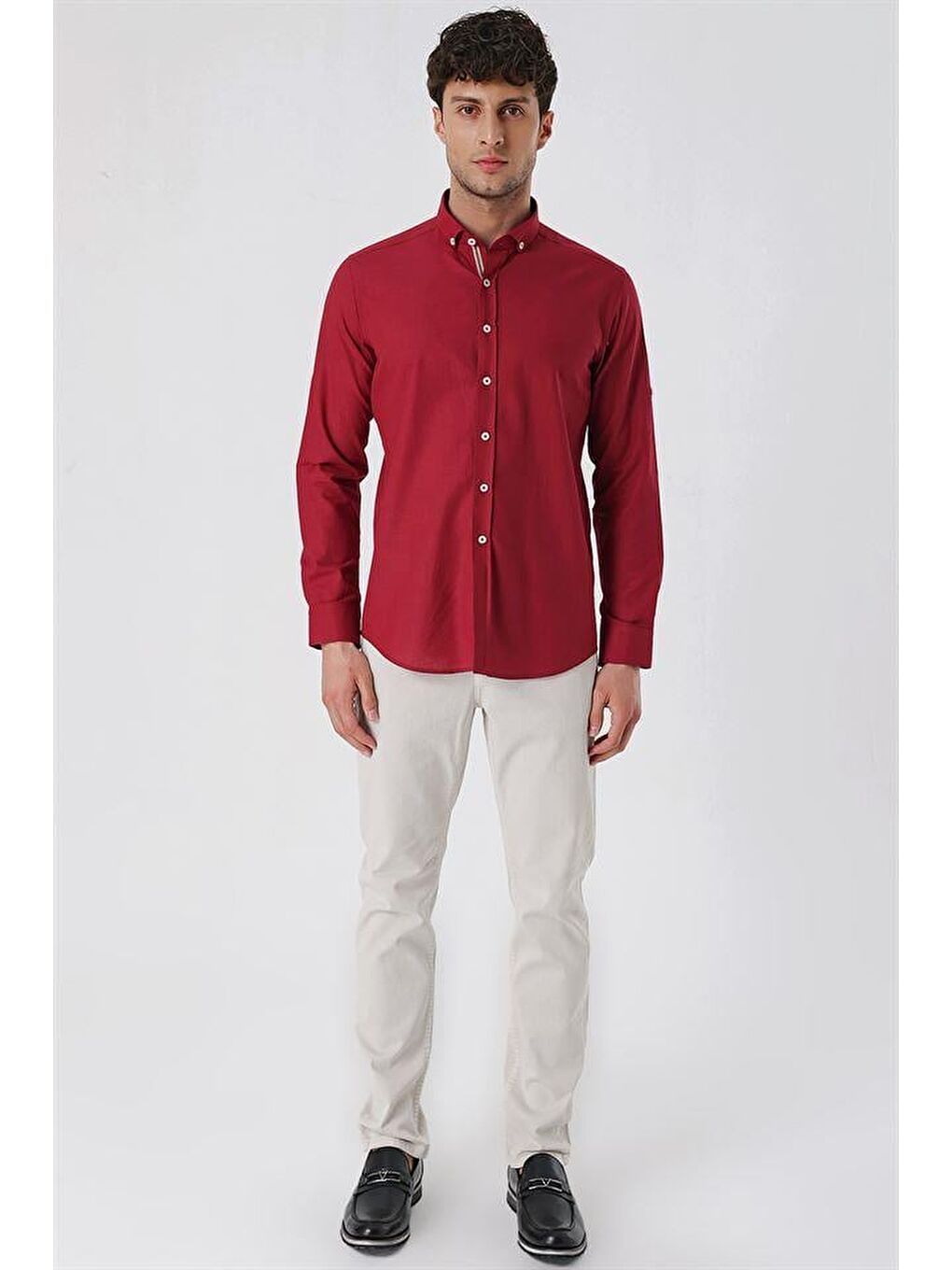 İMZA Kirmizi Koyu Kırmızı Kısalabilir Kollu Cepsiz Biyeli %100 Pamuk Casual Slim Fit Dar Kesim Gömlek 1004230179 - 3