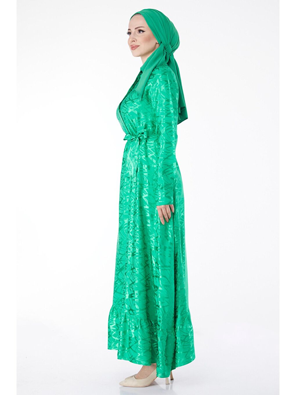 Düz Gömlek Yaka Kadın Yeşil Taş Detaylı Abiye Elbise - 25191-2