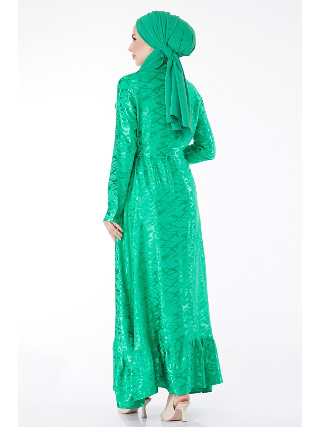 Düz Gömlek Yaka Kadın Yeşil Taş Detaylı Abiye Elbise - 25191-3