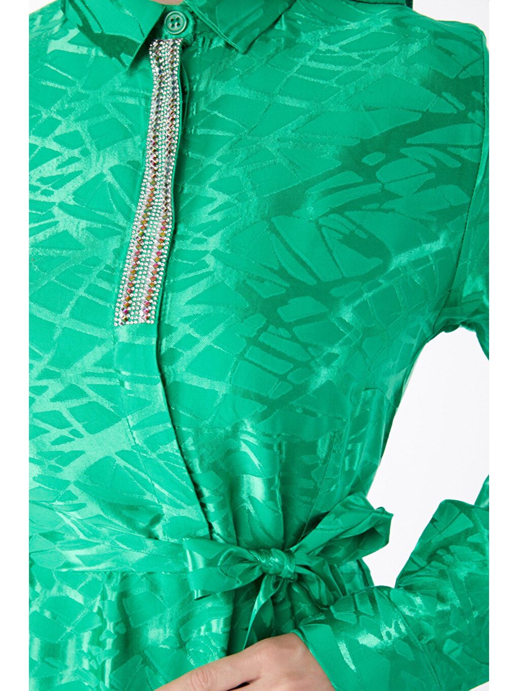 Düz Gömlek Yaka Kadın Yeşil Taş Detaylı Abiye Elbise - 25191-5