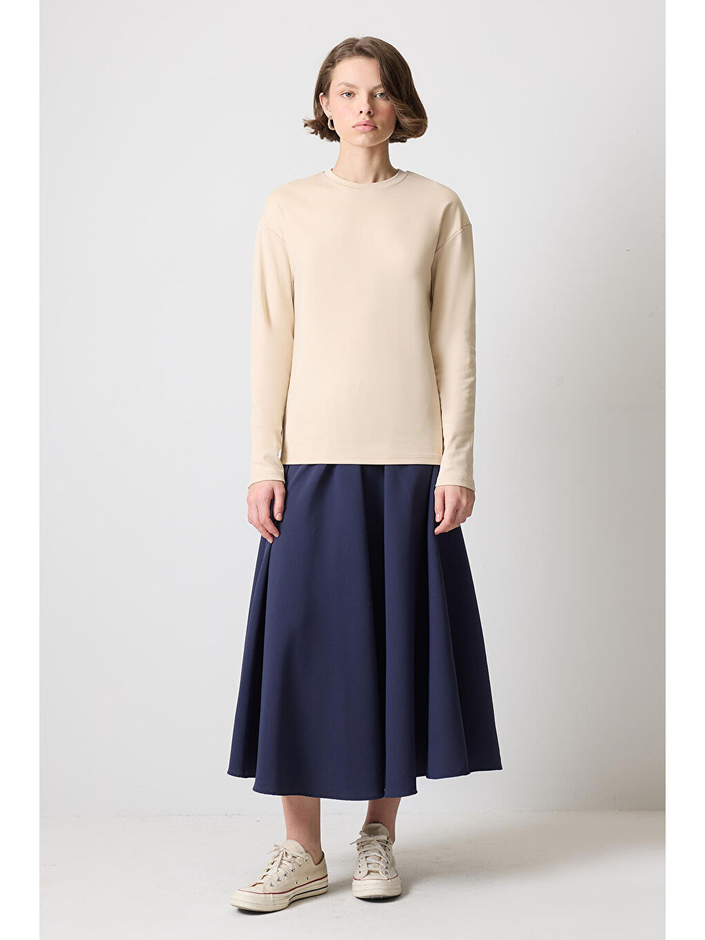 Bej %100 Pamuklu Uzun Kollu T-Shırt